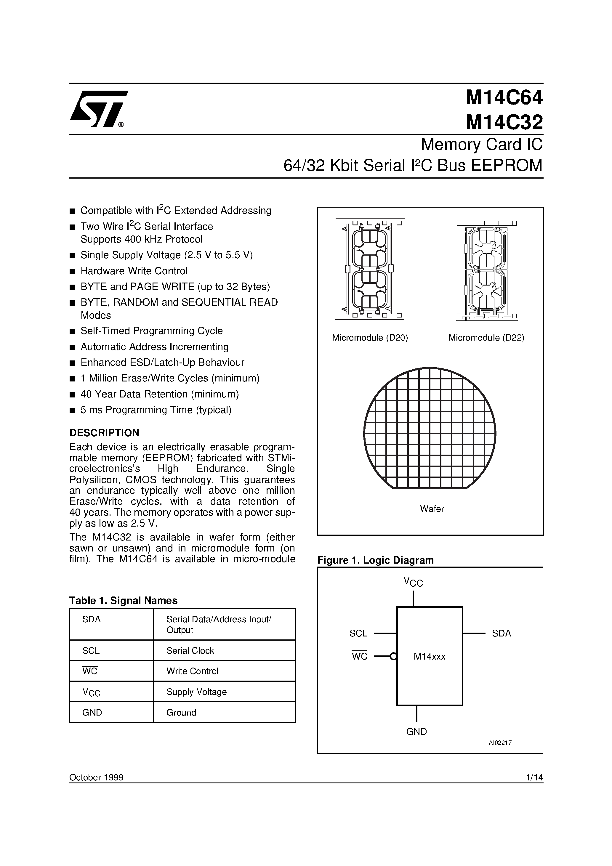 Datasheet M14C64 page 1 Datasheet M14C64 - Memory Micromodules General Information for D1/ D2 and C Packaging page 1