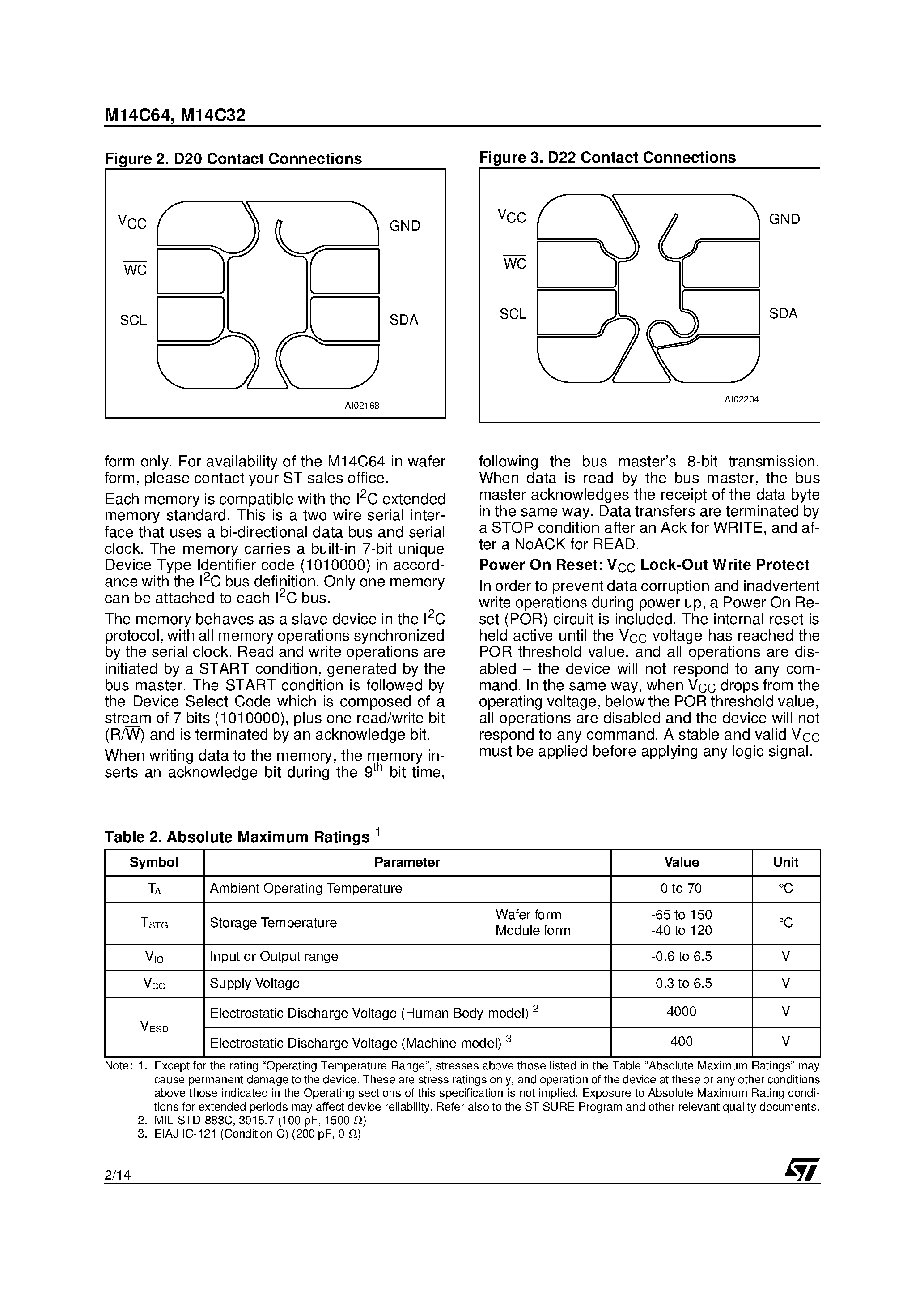 Datasheet M14C64 page 2 Datasheet M14C64 - Memory Micromodules General Information for D1/ D2 and C Packaging page 2