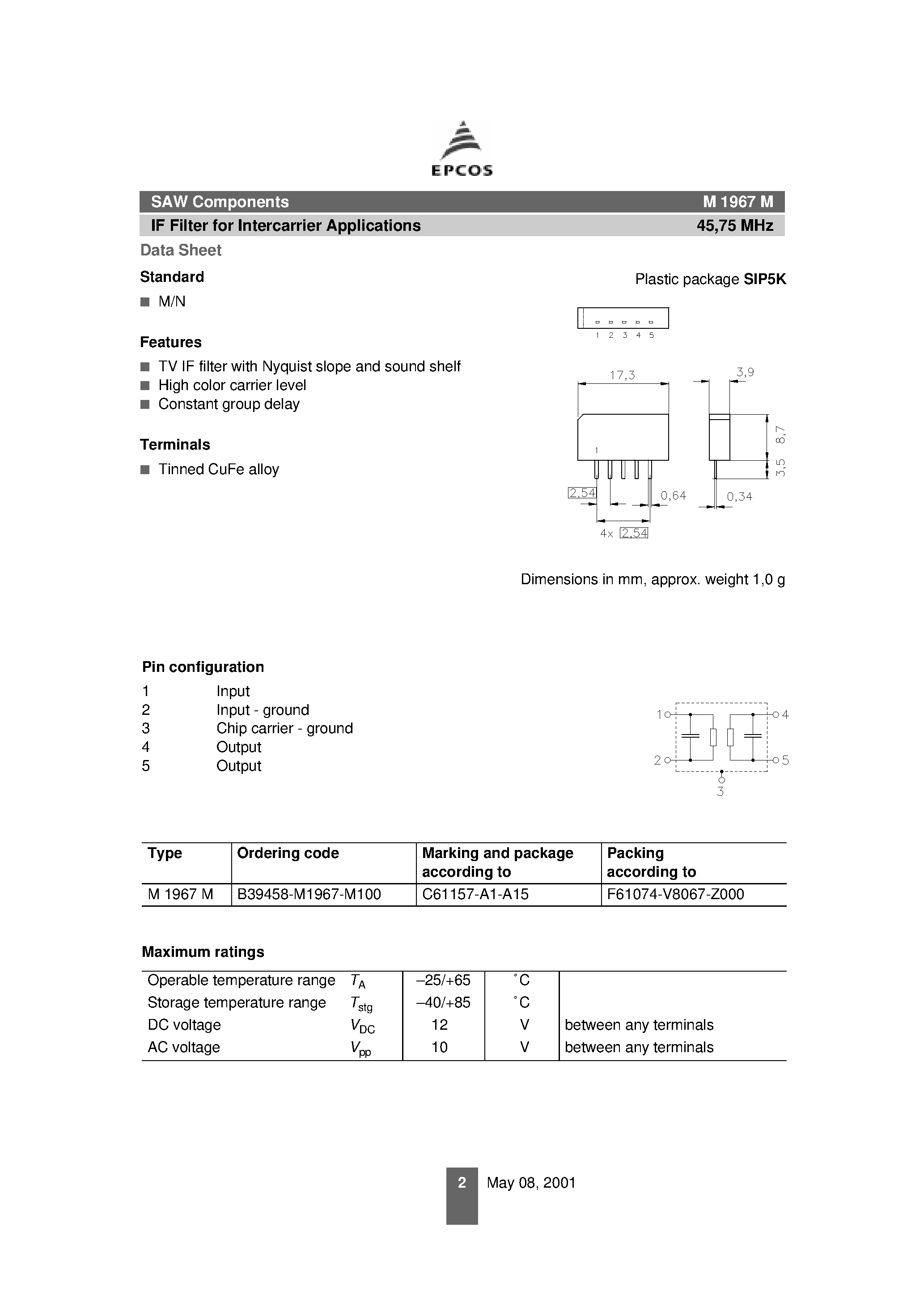 Даташит M1967M - SAW Components Data Sheet M 1967 M страница 2