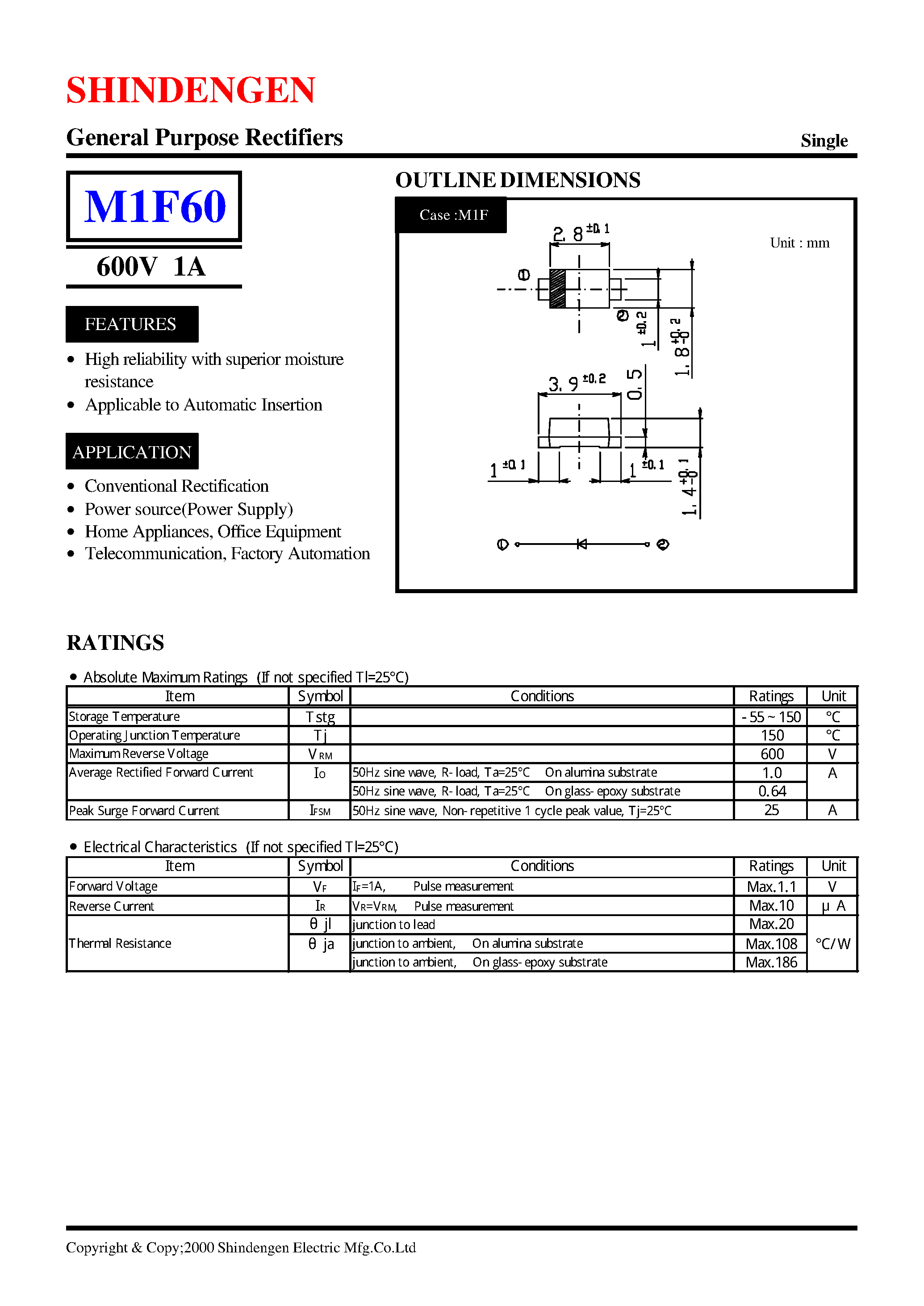 Datasheet M1F60 - General Purpose Rectifiers(600V 1A) page 1