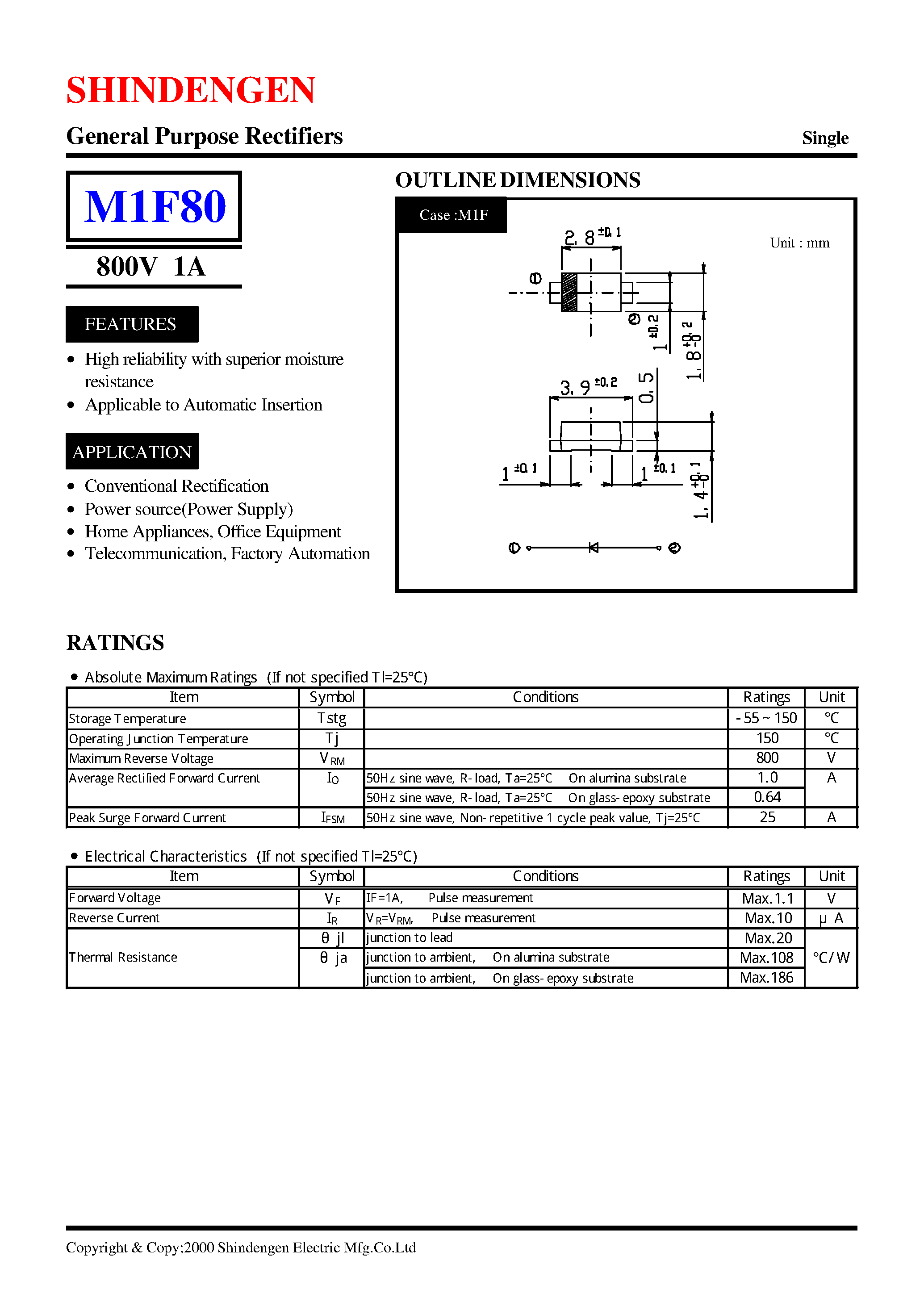 Datasheet M1F80 page 1 Datasheet M1F80 - General Purpose Rectifiers(800V 1A) page 1
