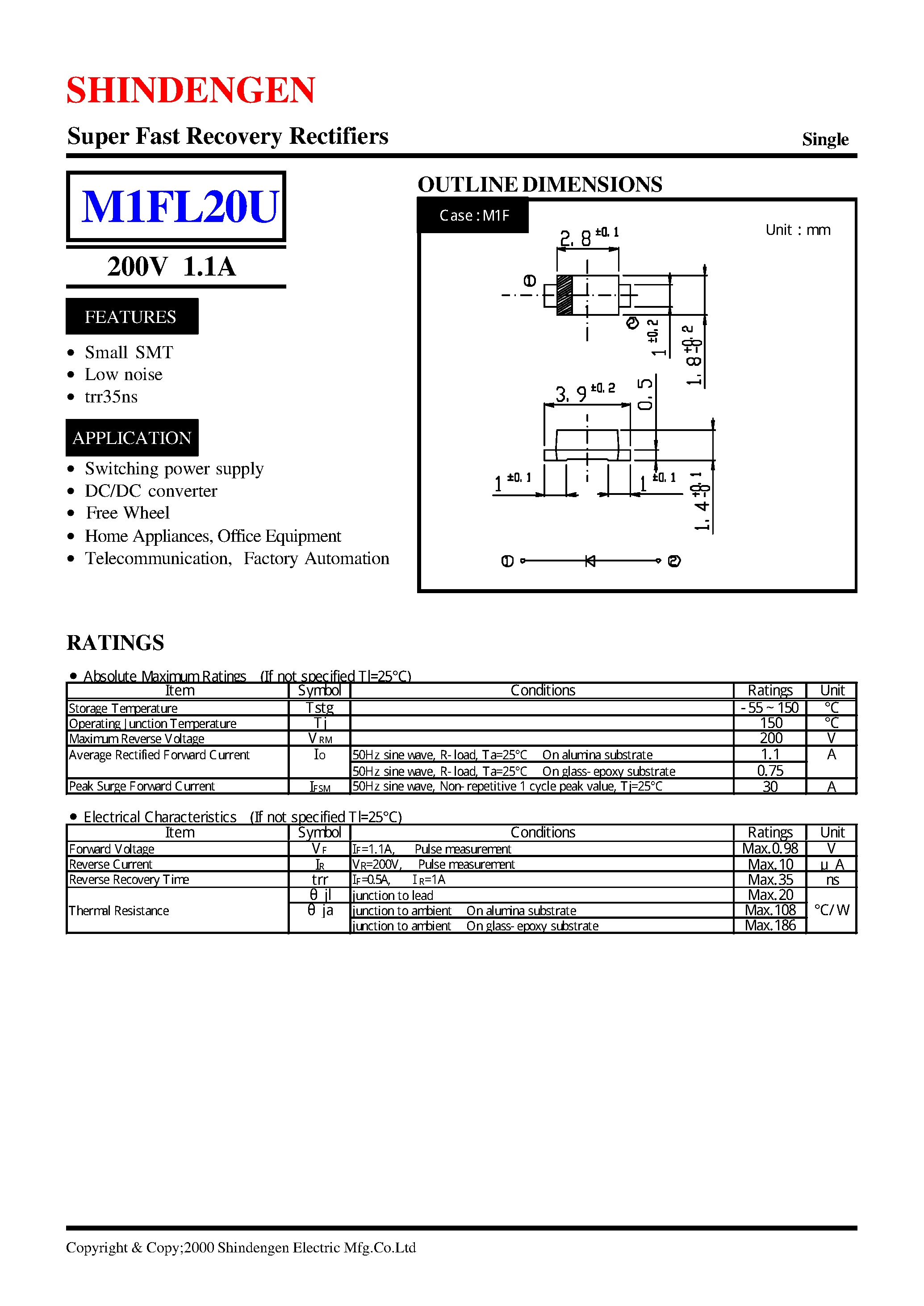 Datasheet M1FL20U - Super Fast Recovery Rectifiers(200V 1.1A) page 1