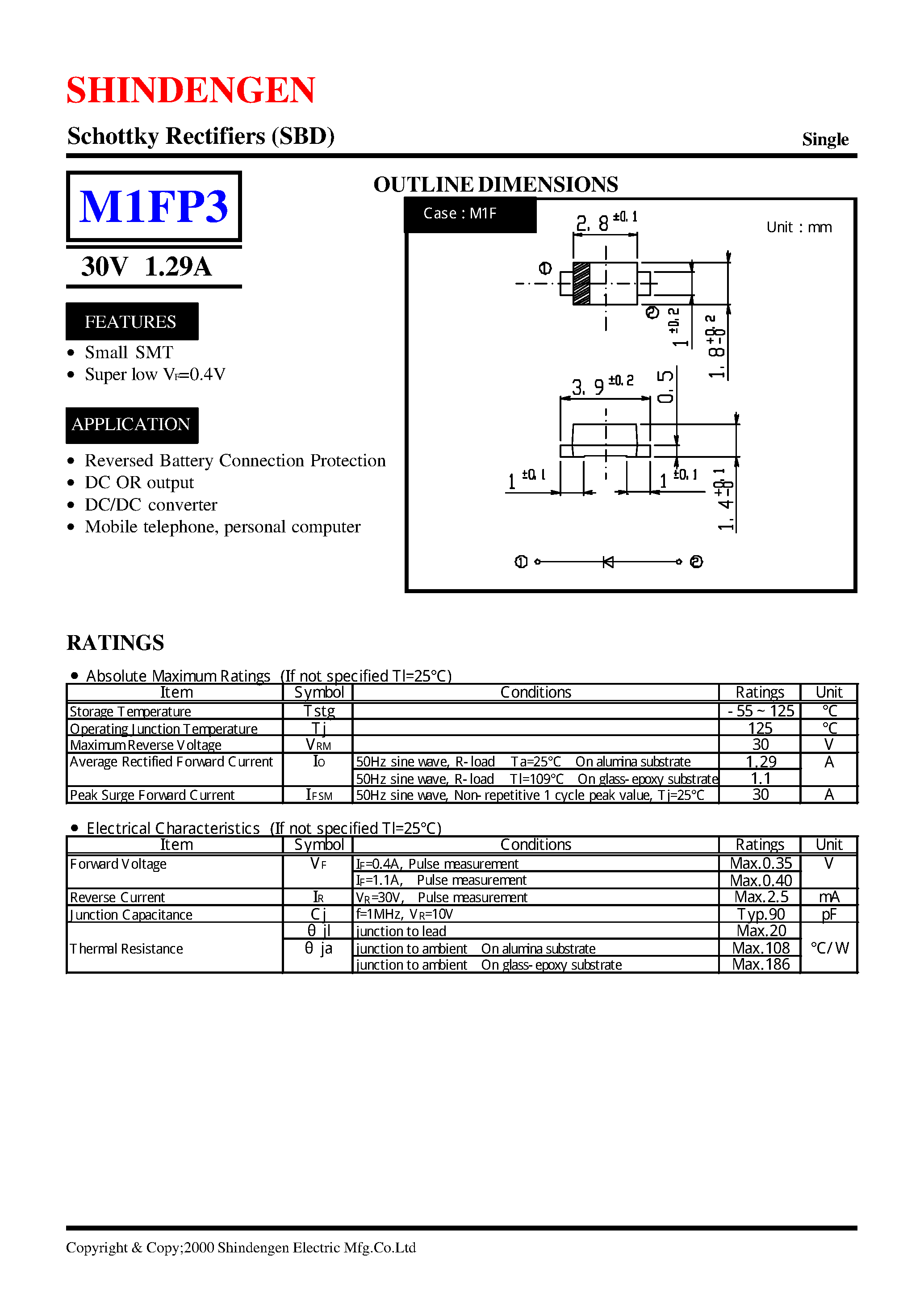 Datasheet M1FP3 page 1 Datasheet M1FP3 - Schottky Rectifiers (SBD) (30V 1.29A) page 1