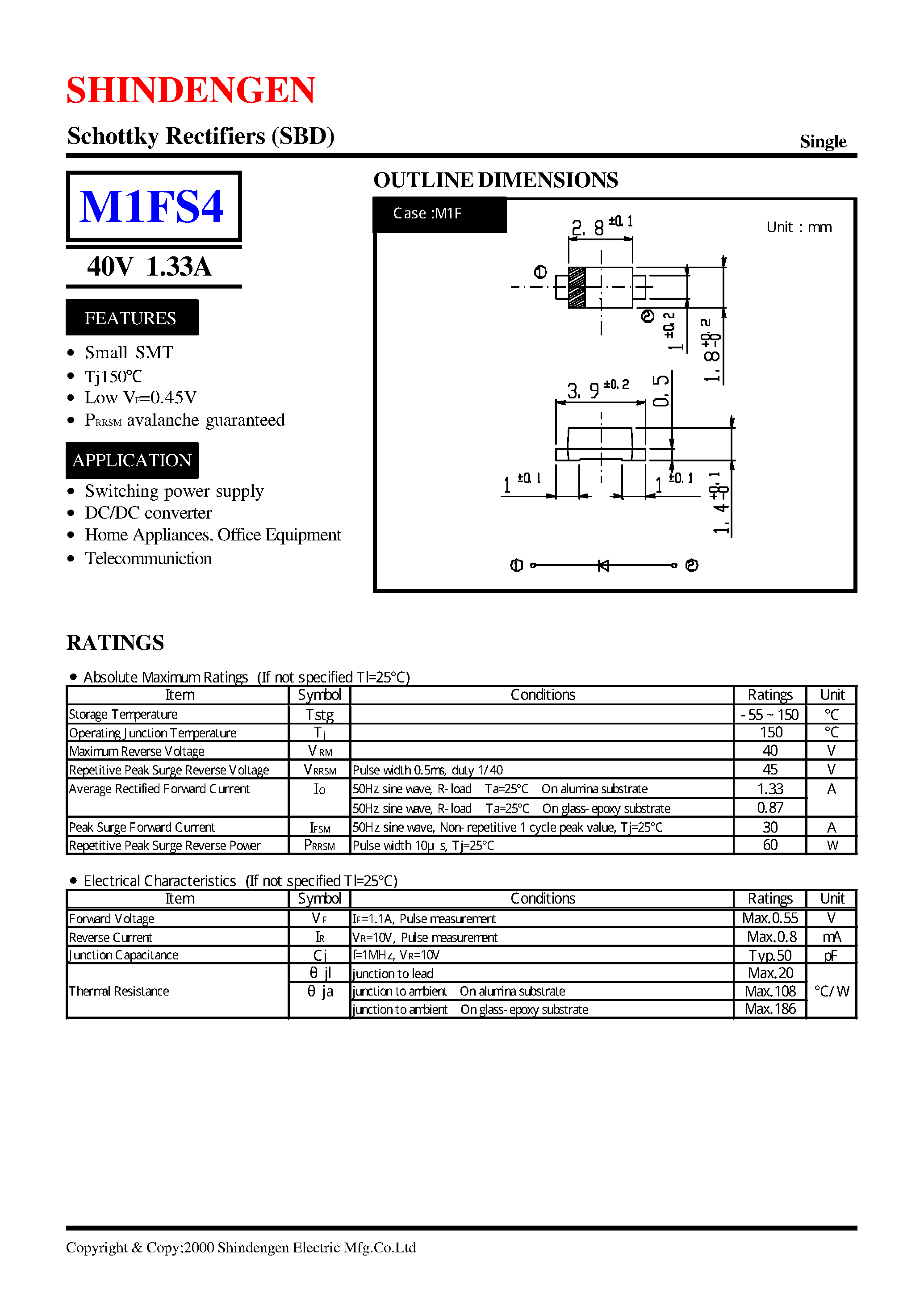 Datasheet M1FS4 page 1 Datasheet M1FS4 - Schottky Rectifiers (SBD) (40V 1.33A) page 1