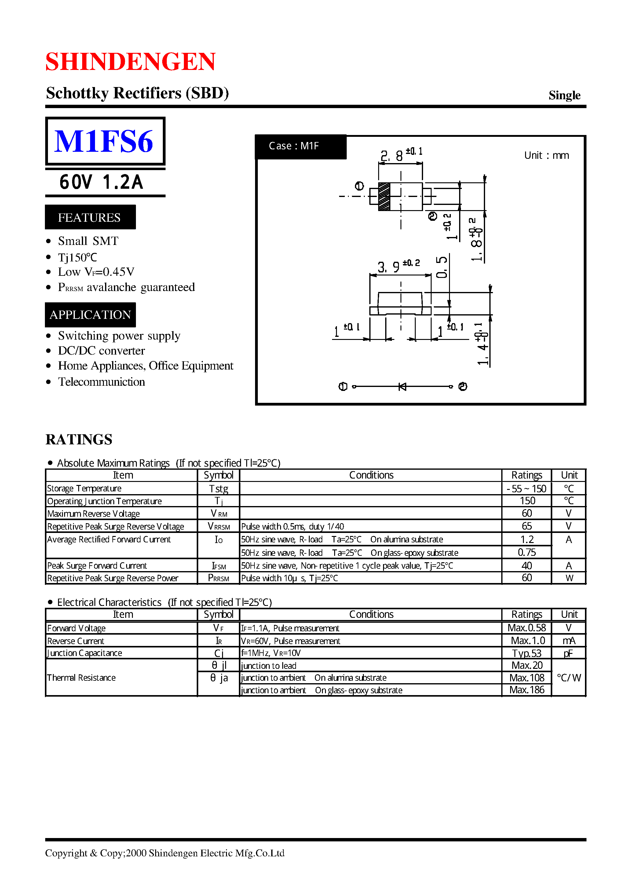 Datasheet M1FS6 page 1 Datasheet M1FS6 - Schottky Rectifiers (SBD) (6 0V 1.2A) page 1