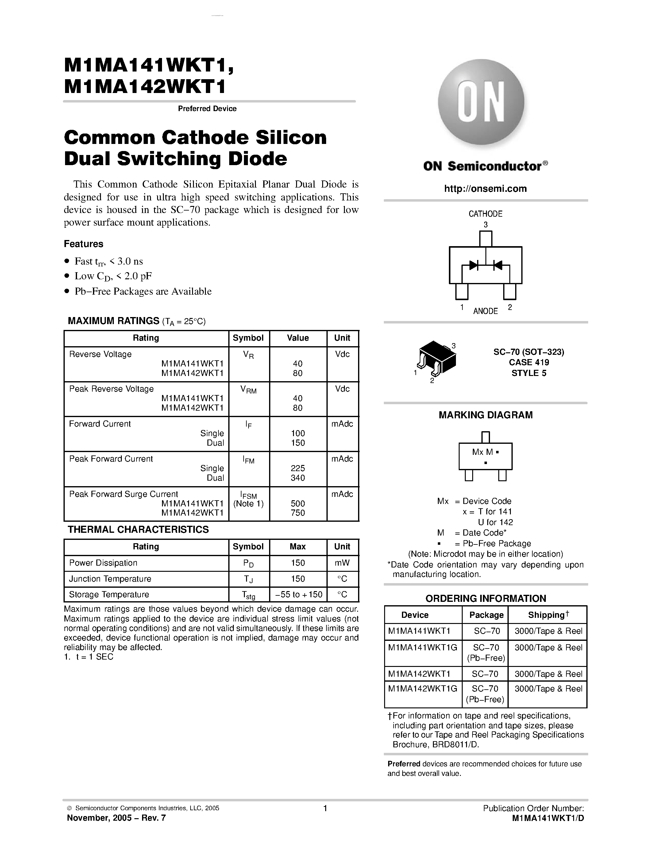 Datasheet M1MA141WKT1 page 1 Datasheet M1MA141WKT1 - COMMON CATHODE DUAL SWITCHING DIODE page 1