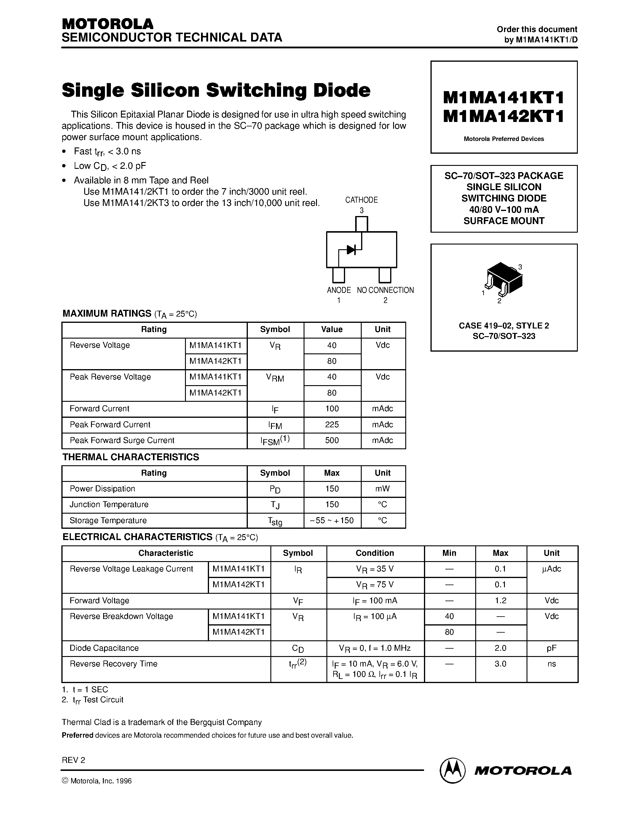 Datasheet M1MA142KT1 - SC-70/SOT-323 PACKAGE SINGLE SILICON SWITCHING DIODE 40/80 V-100 mA SURFACE MOUNT page 1