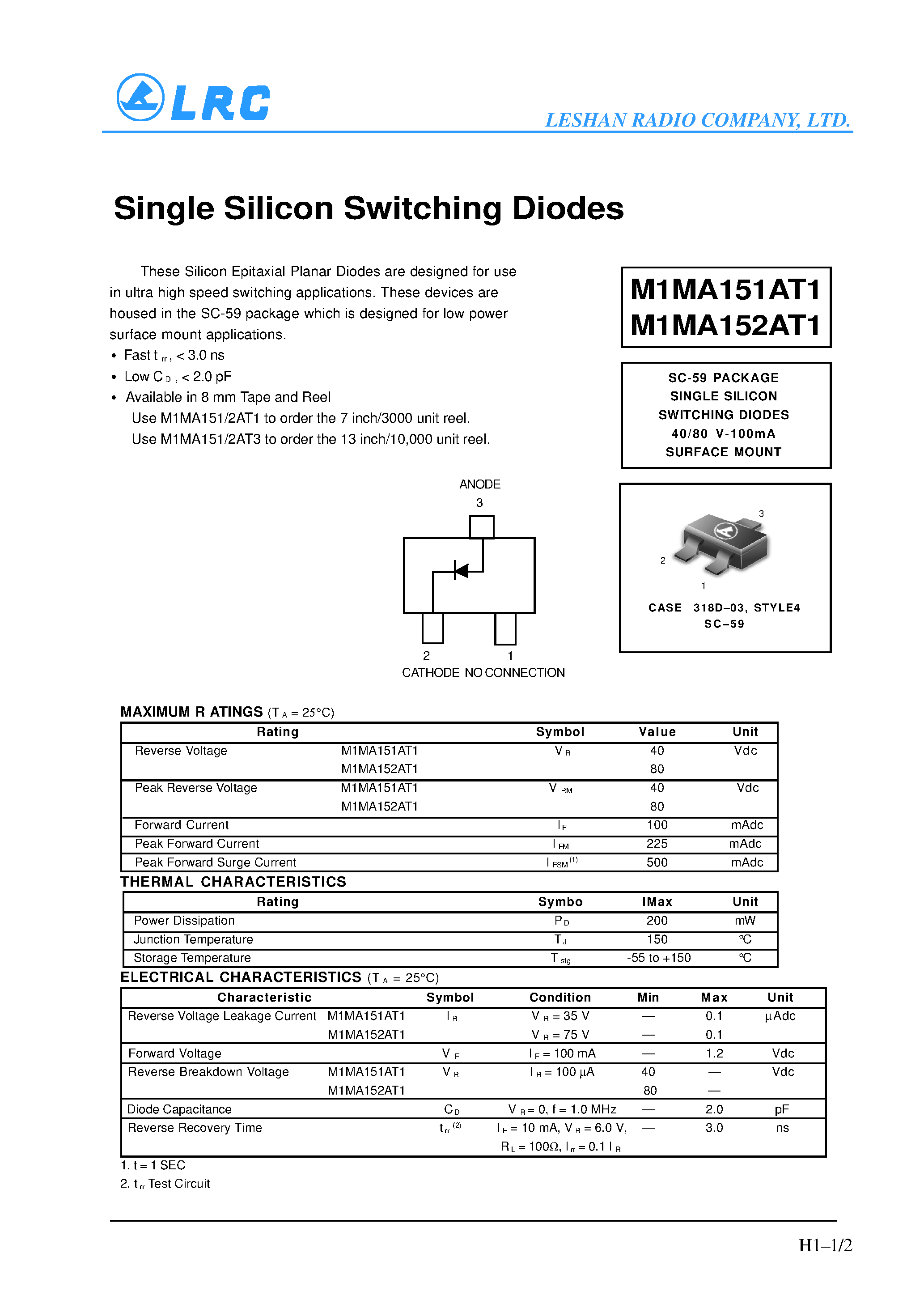 Даташит на микросхему M1MA151AT1 страница 1 Даташит M1MA151AT1 - Single Silicon Switching Diodes страница 1