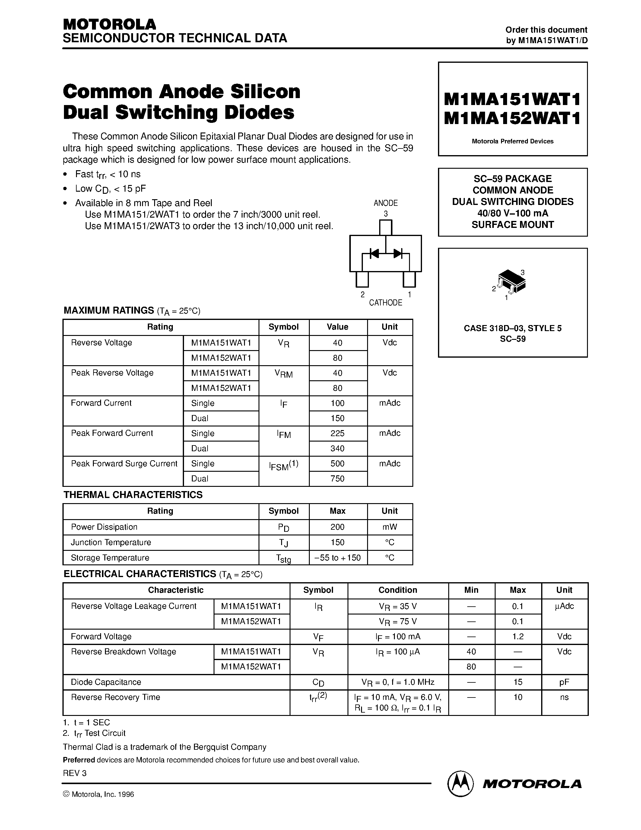 Datasheet M1MA152WAT1 - Common Anode Silicon Dual Switching Diodes page 1