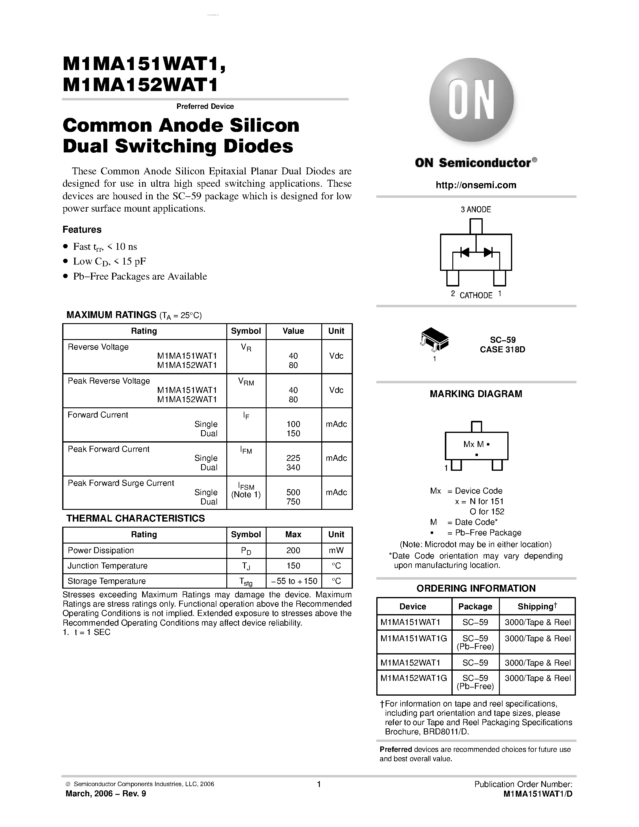 Даташит M1MA152WAT1 - COMMON ANODE DUAL SWITCHING DIODES страница 1