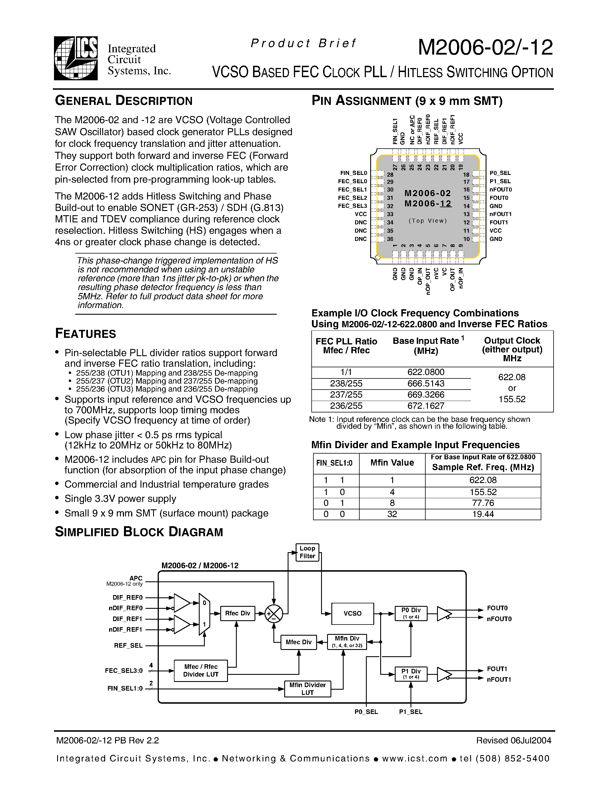 Datasheet M2006-12 page 1 Datasheet M2006-12 - VCSO BASED FEC CLOCK PLL / HITLESS SWITCHING OPTION page 1