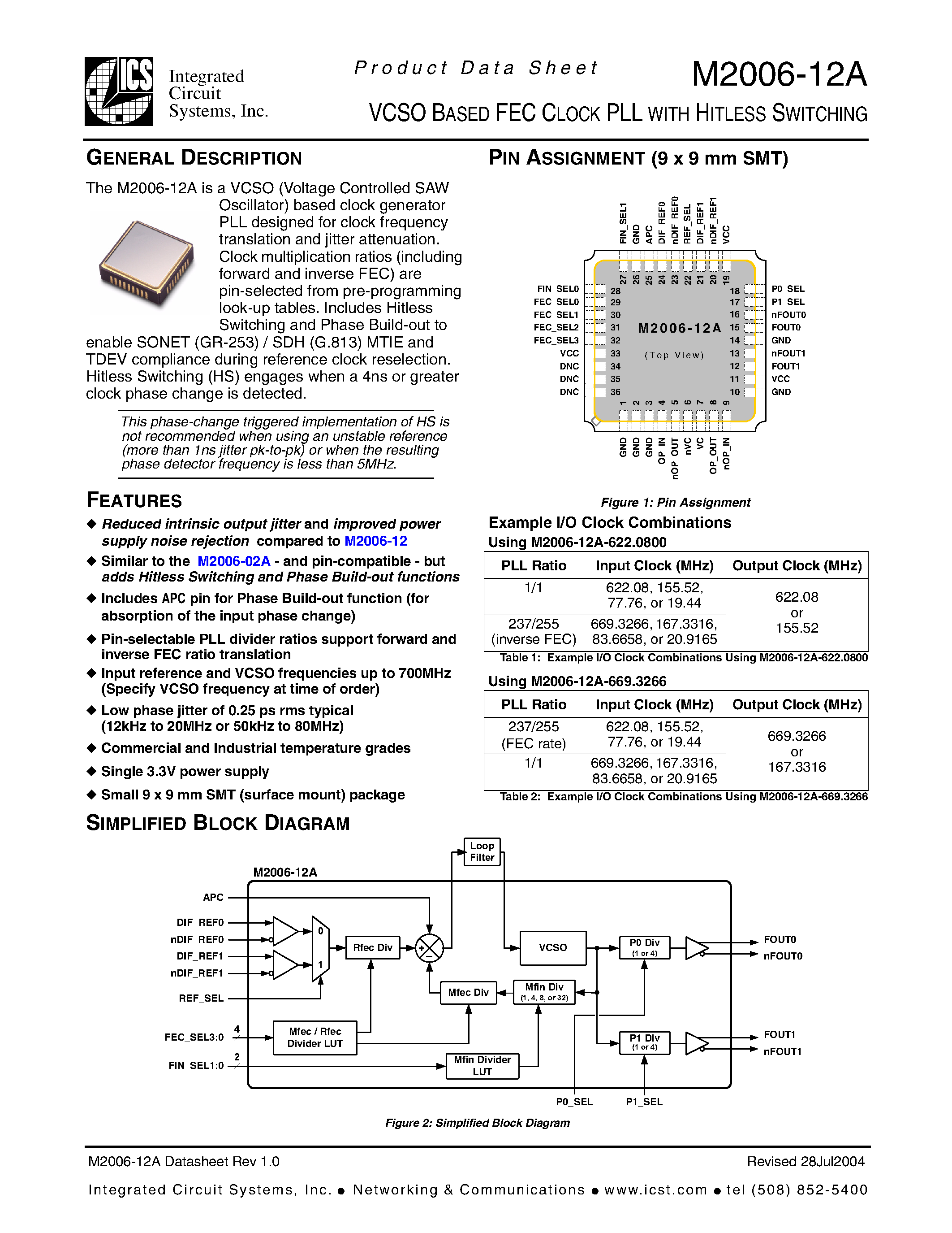 Datasheet M2006-12A page 1 Datasheet M2006-12A - VCSO BASED FEC CLOCK PLL WITH HITLESS SWITCHING page 1