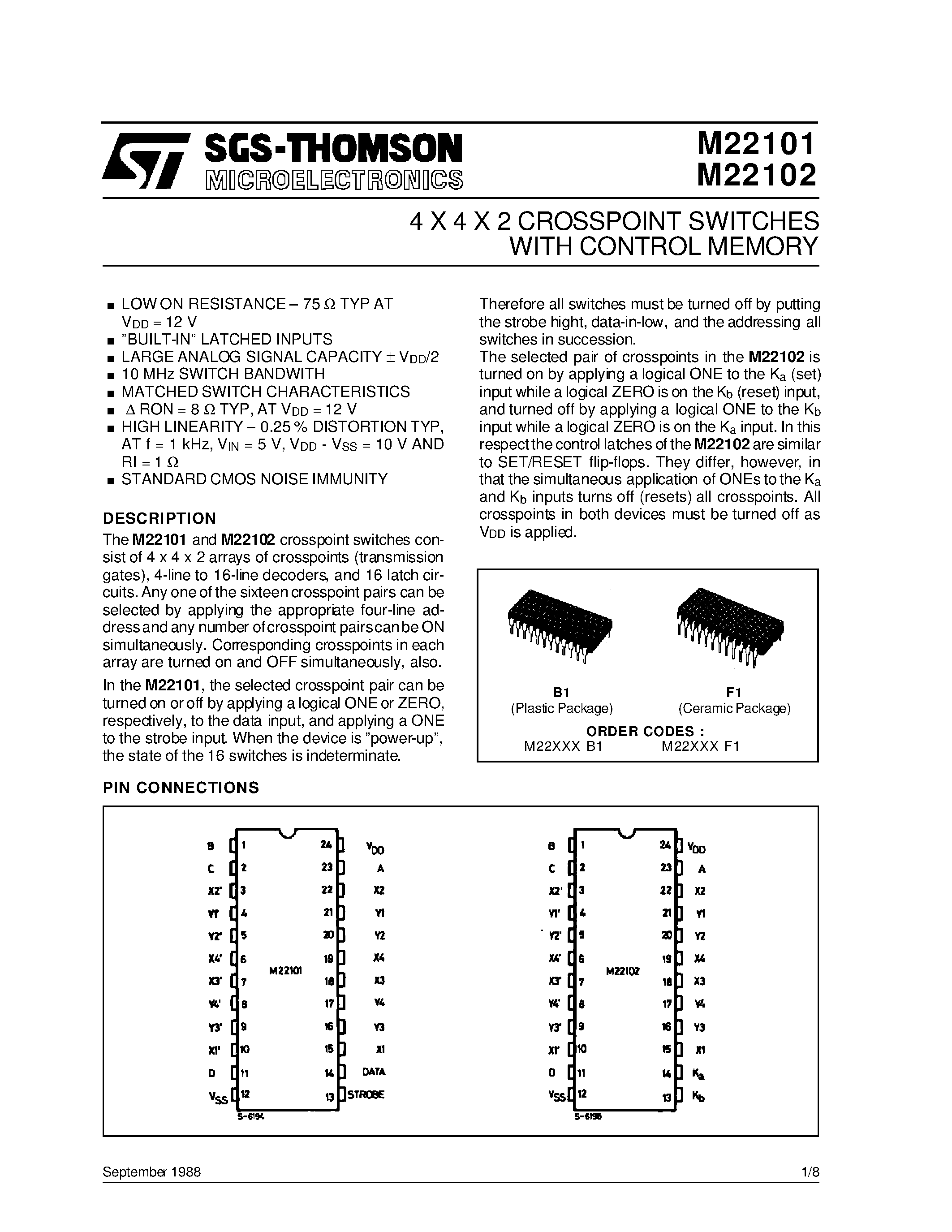 Datasheet M22101F1 page 1 Datasheet M22101F1 - WITH CONTROL MEMORY 4 X 4 X 2 CROSSPOINT SWITCHES page 1