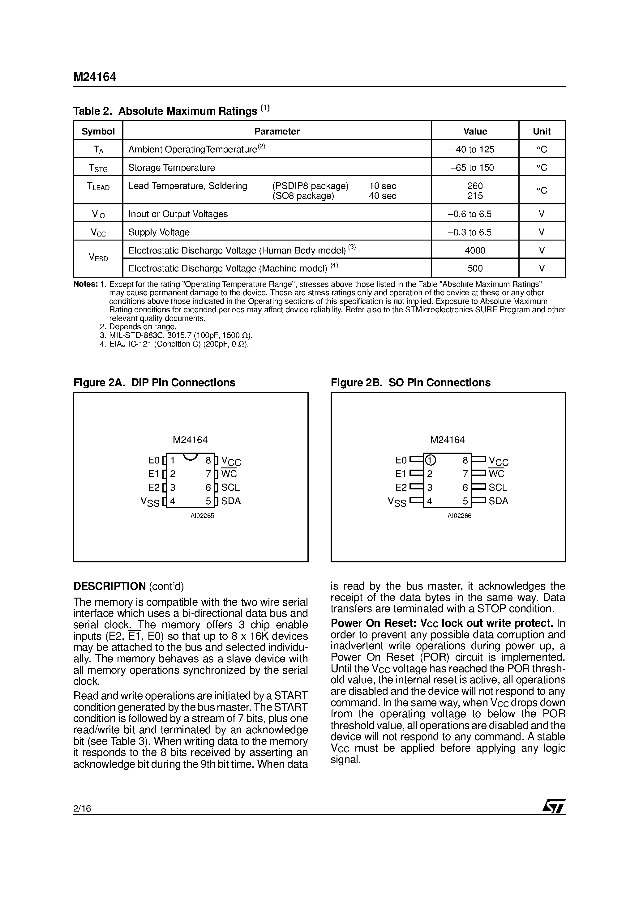 Даташит M24164-R - 16 Kbit Serial I2C BUS EEPROM страница 2