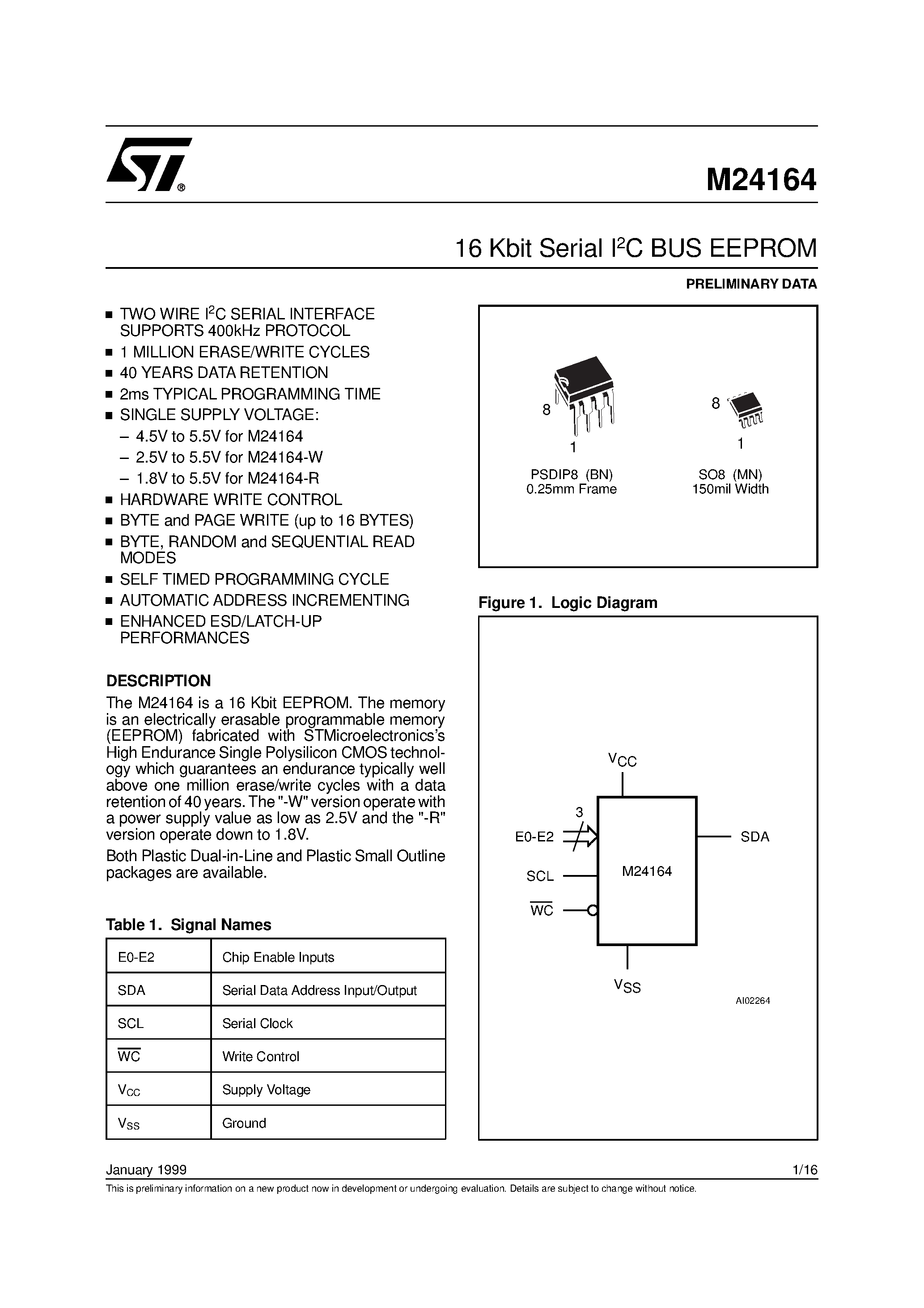 Datasheet M24164-W page 1 Datasheet M24164-W - 16 Kbit Serial I2C BUS EEPROM page 1