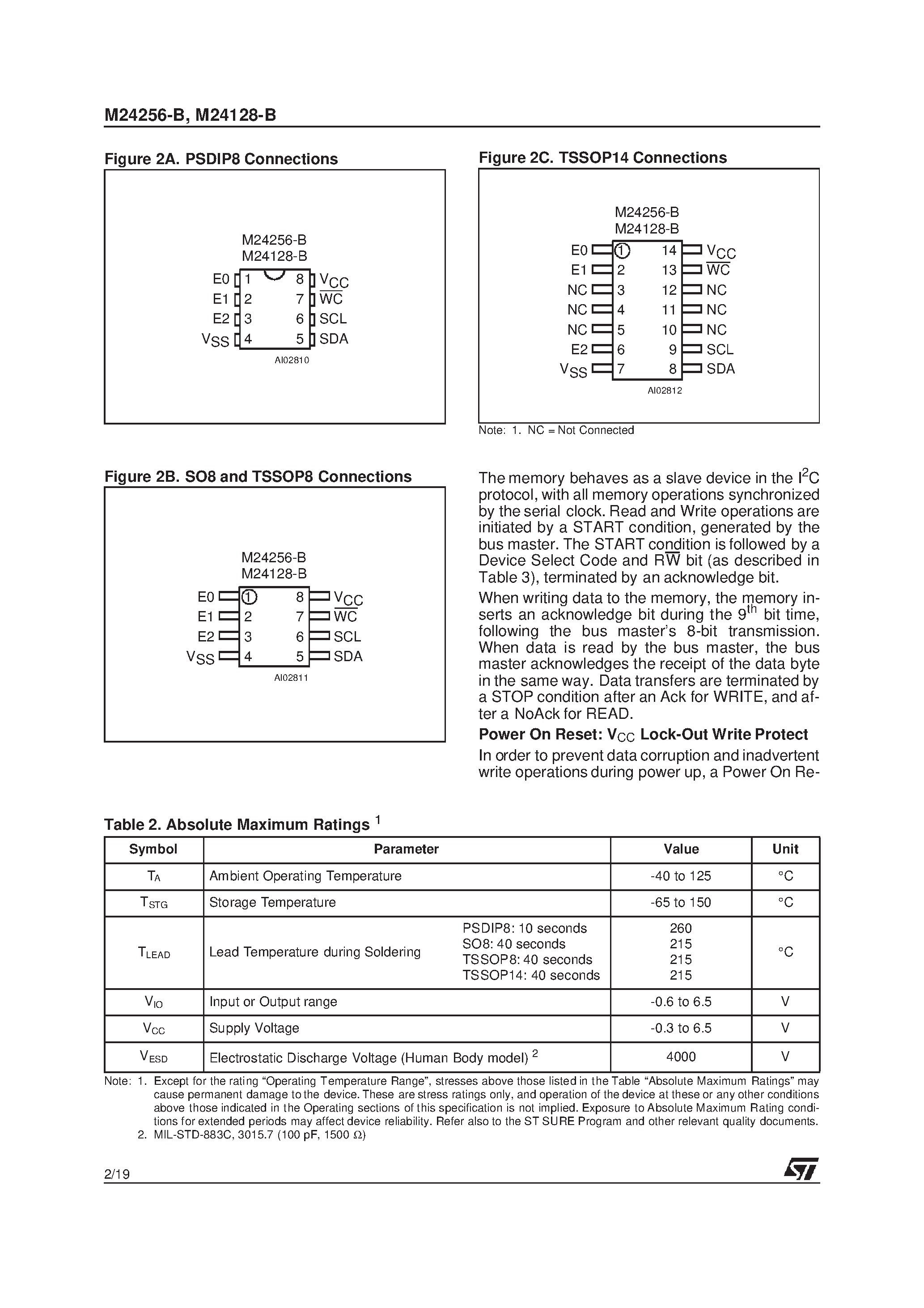 Datasheet M24256-B page 2 Datasheet M24256-B - 256/128 Kbit Serial I C Bus EEPROM With Three Chip Enable Lines page 2