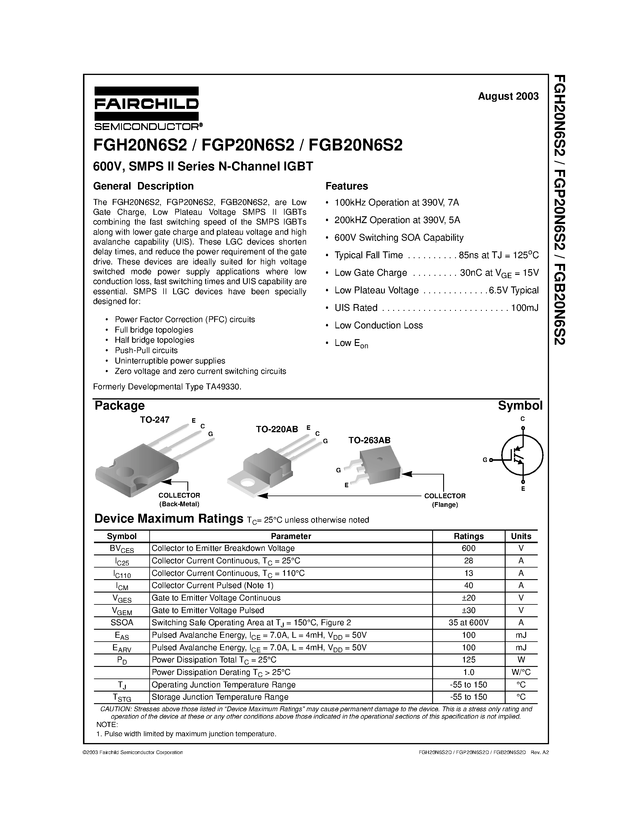 Datasheet FGB20N6S2 - 600V/ SMPS II Series N-Channel IGBT page 1
