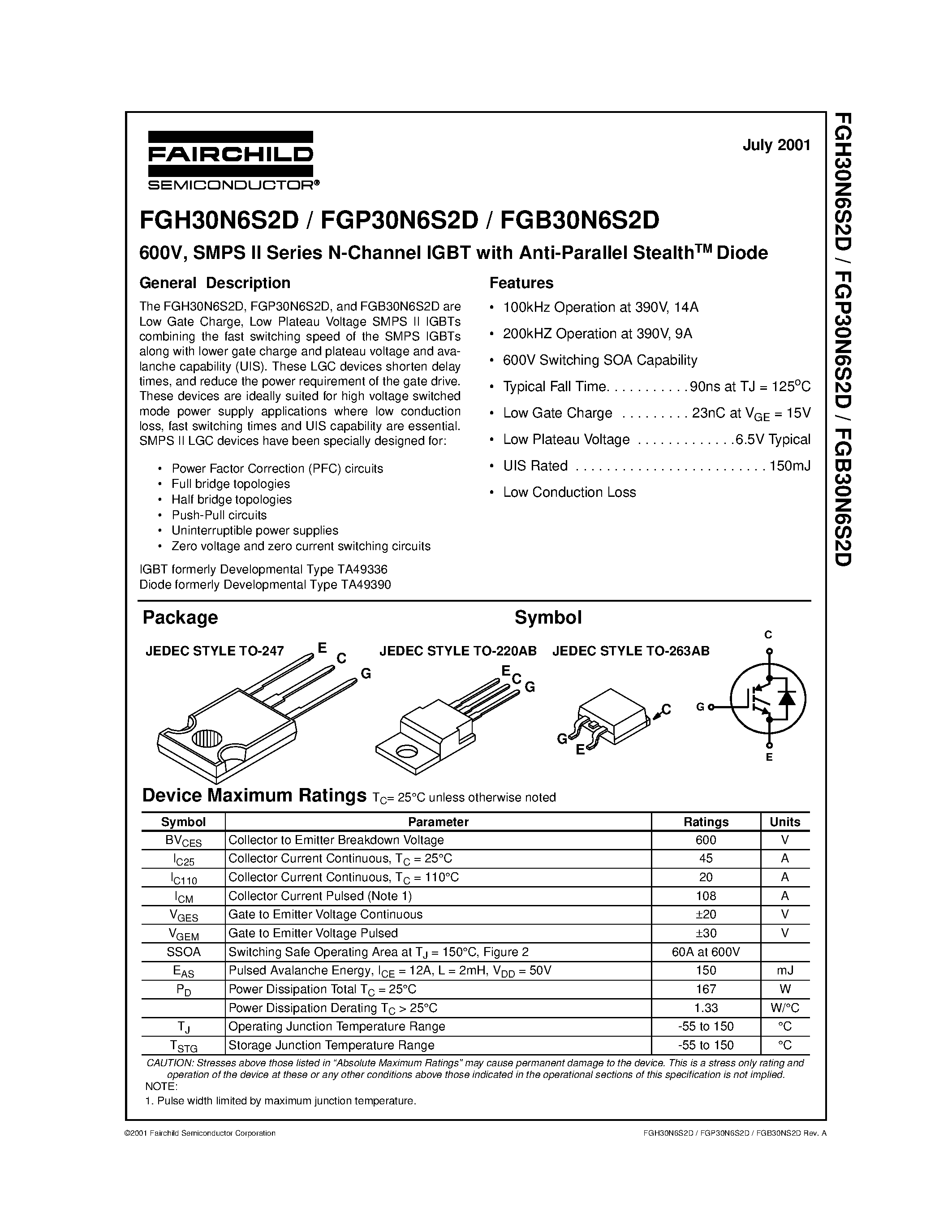 Datasheet FGB30N6S2D - 600V/ SMPS II Series N-Channel IGBT with Anti-Parallel StealthTM Diode page 1