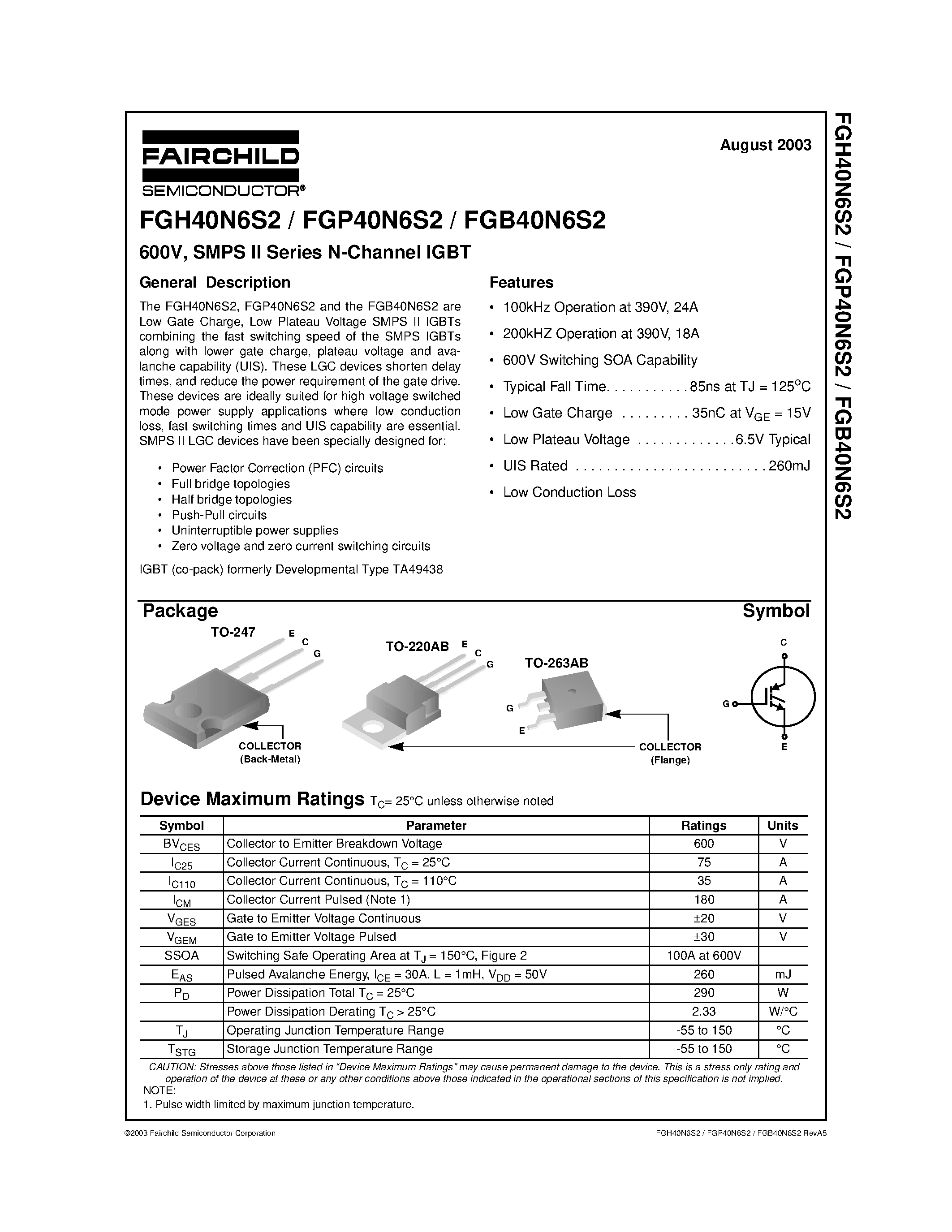 Datasheet FGB40N6S2 - 600V/ SMPS II Series N-Channel IGBT page 1