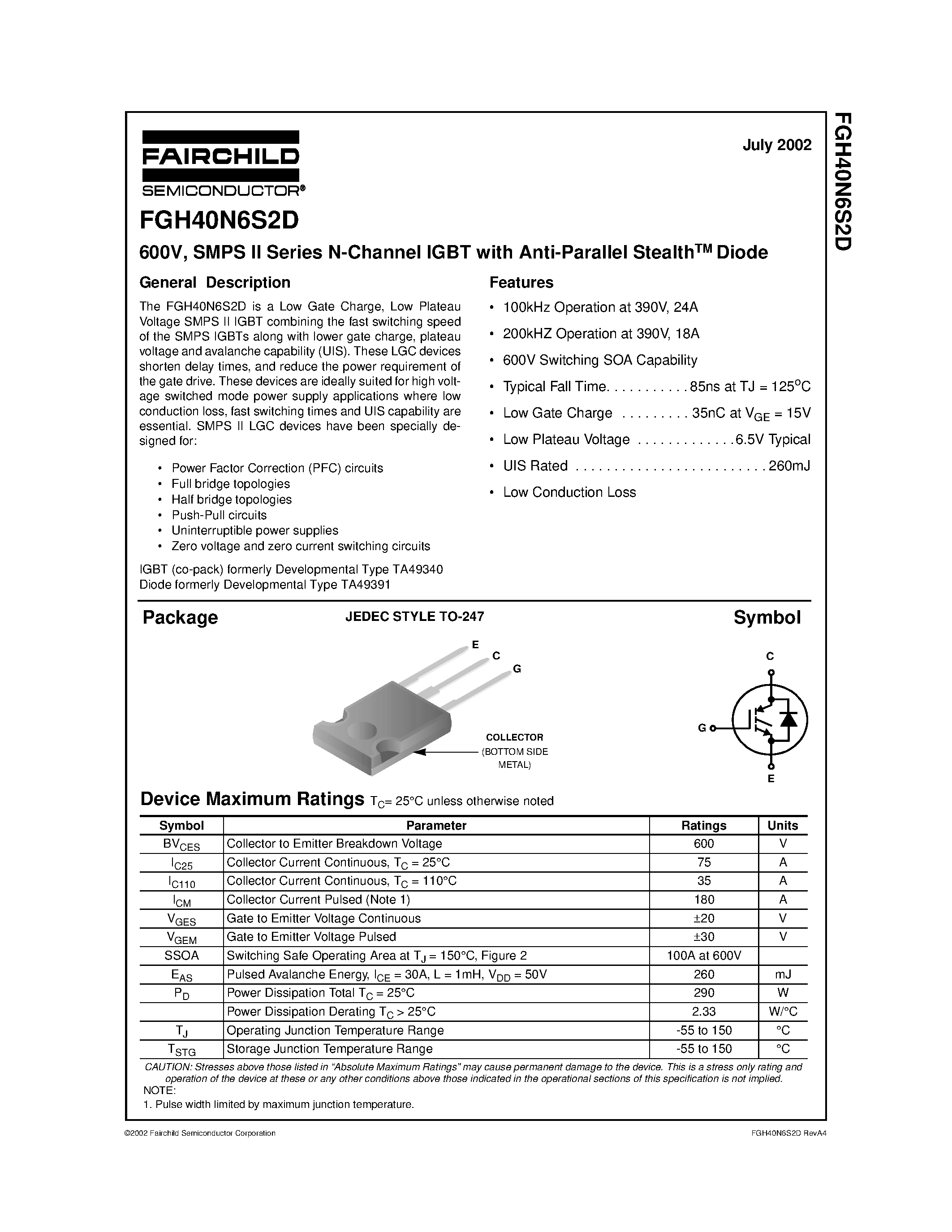 Даташит FGH40N6S2D - 600V/ SMPS II Series N-Channel IGBT with Anti-Parallel StealthTM Diode страница 1