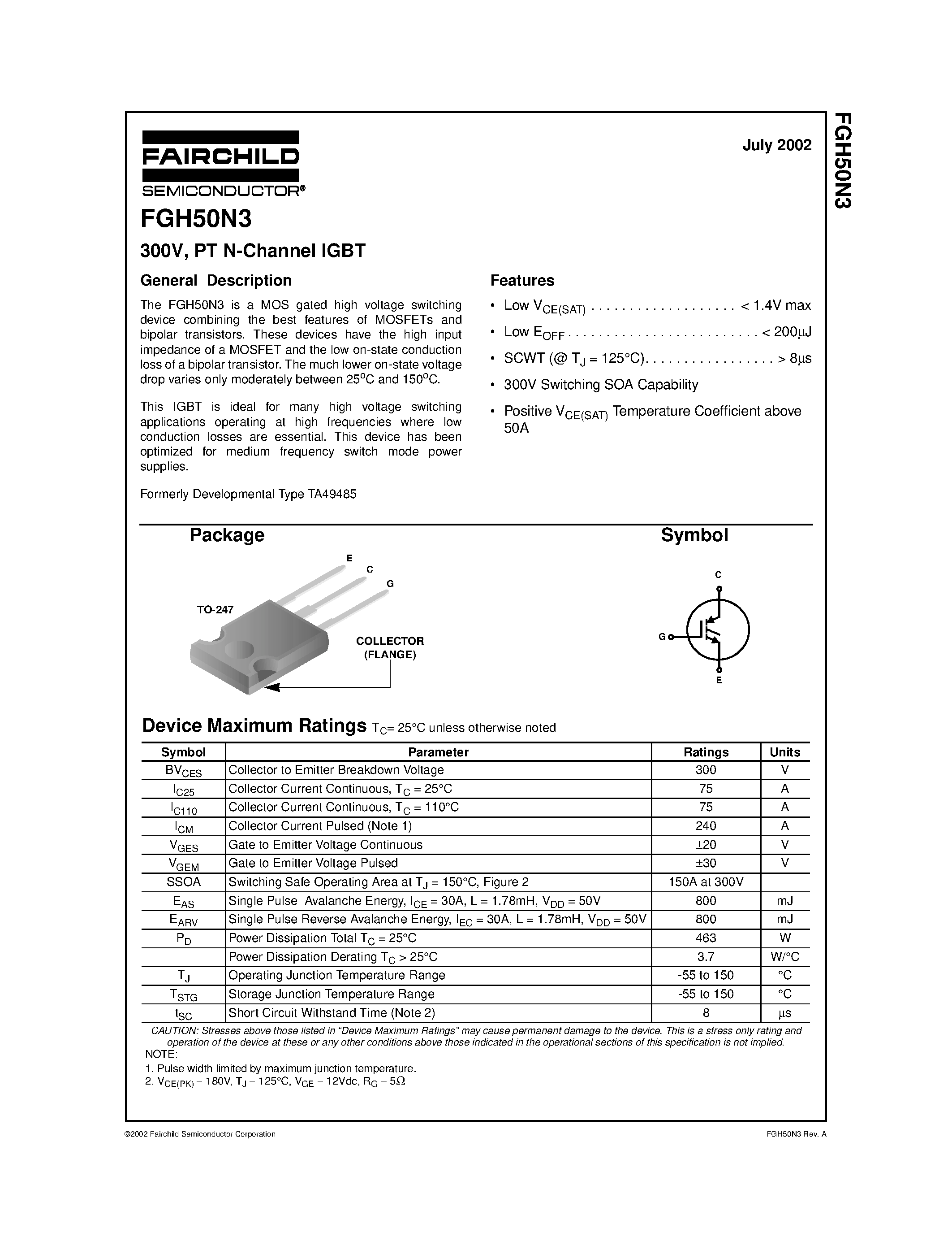 Datasheet FGH50N3 - 300V/ PT N-Channel IGBT page 1
