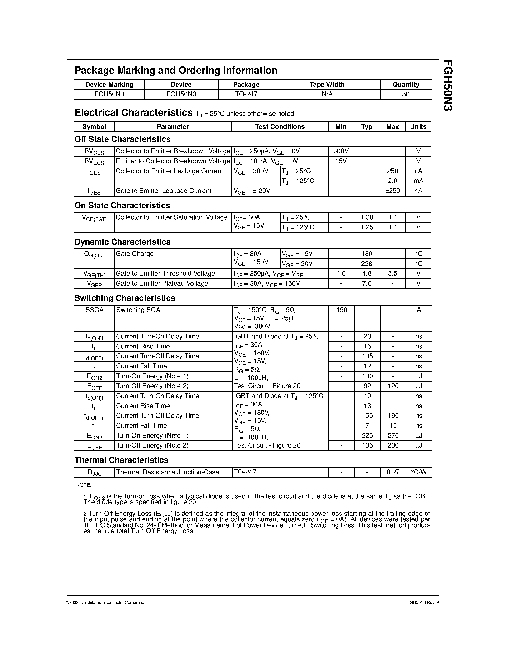 Datasheet FGH50N3 - 300V/ PT N-Channel IGBT page 2