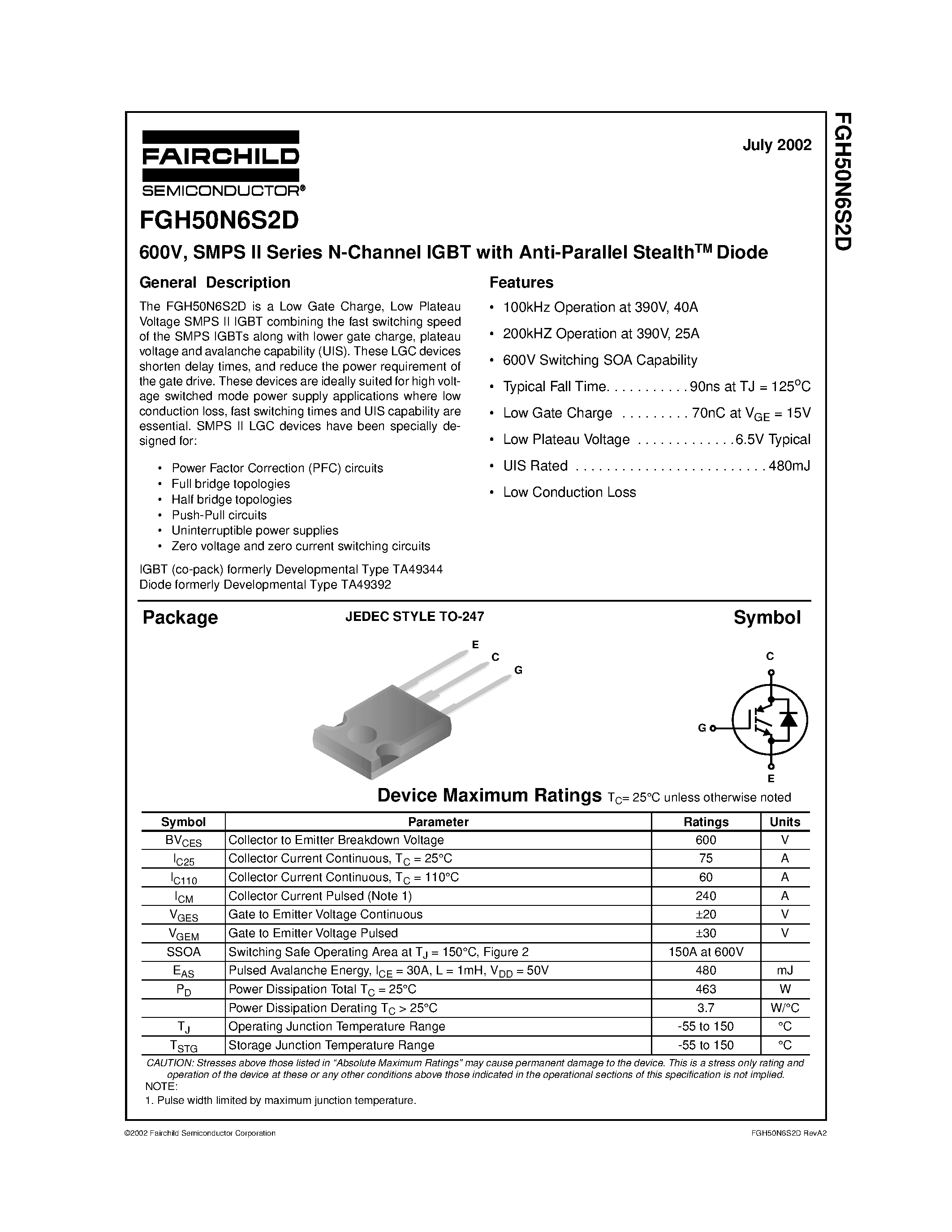 Даташит на микросхему FGH50N6S2D страница 1 Даташит FGH50N6S2D - 600V/ SMPS II Series N-Channel IGBT with Anti-Parallel StealthTM Diode страница 1