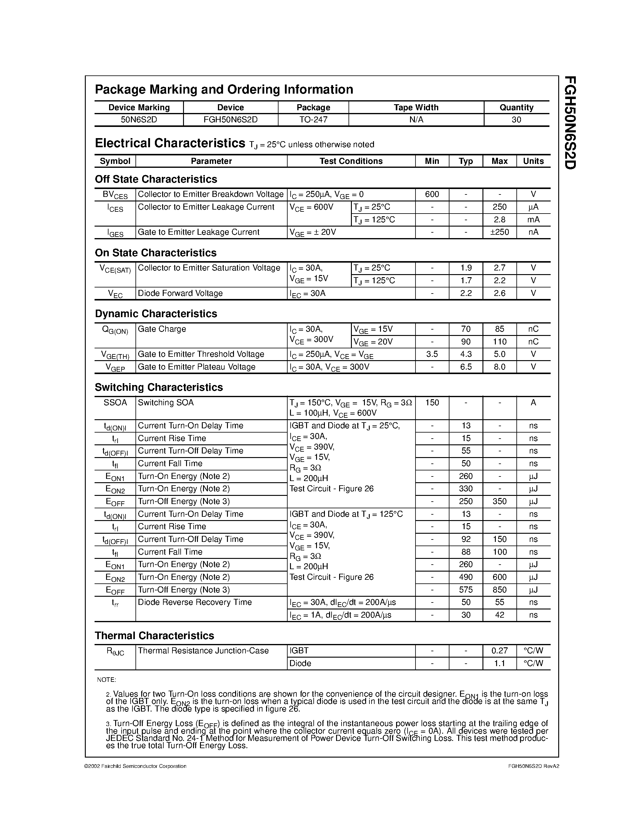 Даташит на микросхему FGH50N6S2D страница 2 Даташит FGH50N6S2D - 600V/ SMPS II Series N-Channel IGBT with Anti-Parallel StealthTM Diode страница 2