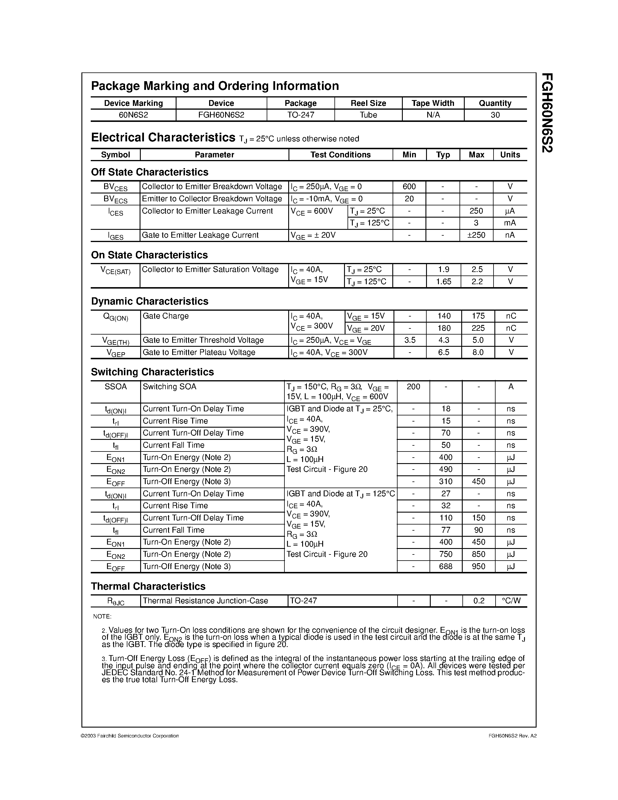 Datasheet FGH60N6S2 page 2 Datasheet FGH60N6S2 - 600V/ SMPS II Series N-Channel IGBT page 2