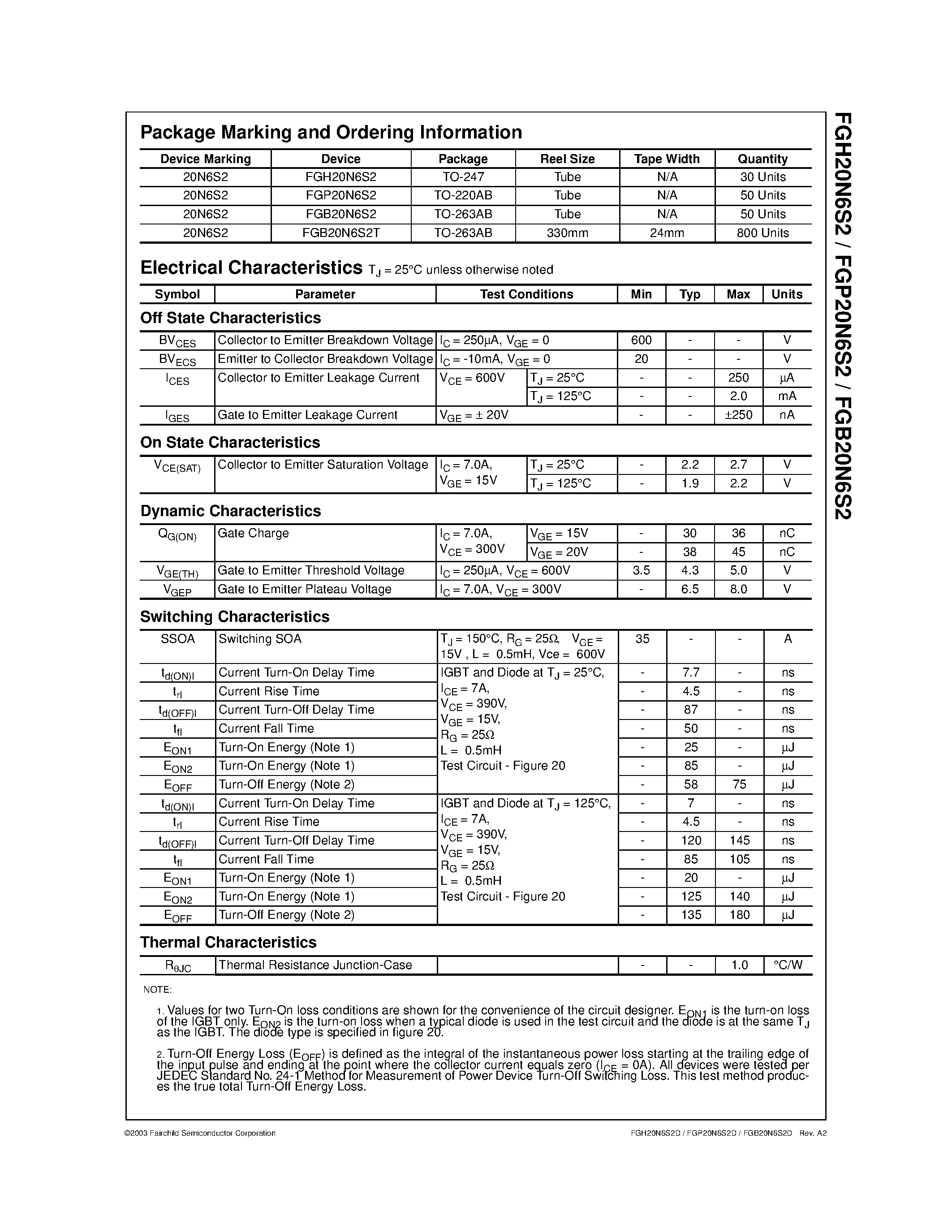 Datasheet FGP20N6S2 page 2 Datasheet FGP20N6S2 - 600V/ SMPS II Series N-Channel IGBT page 2