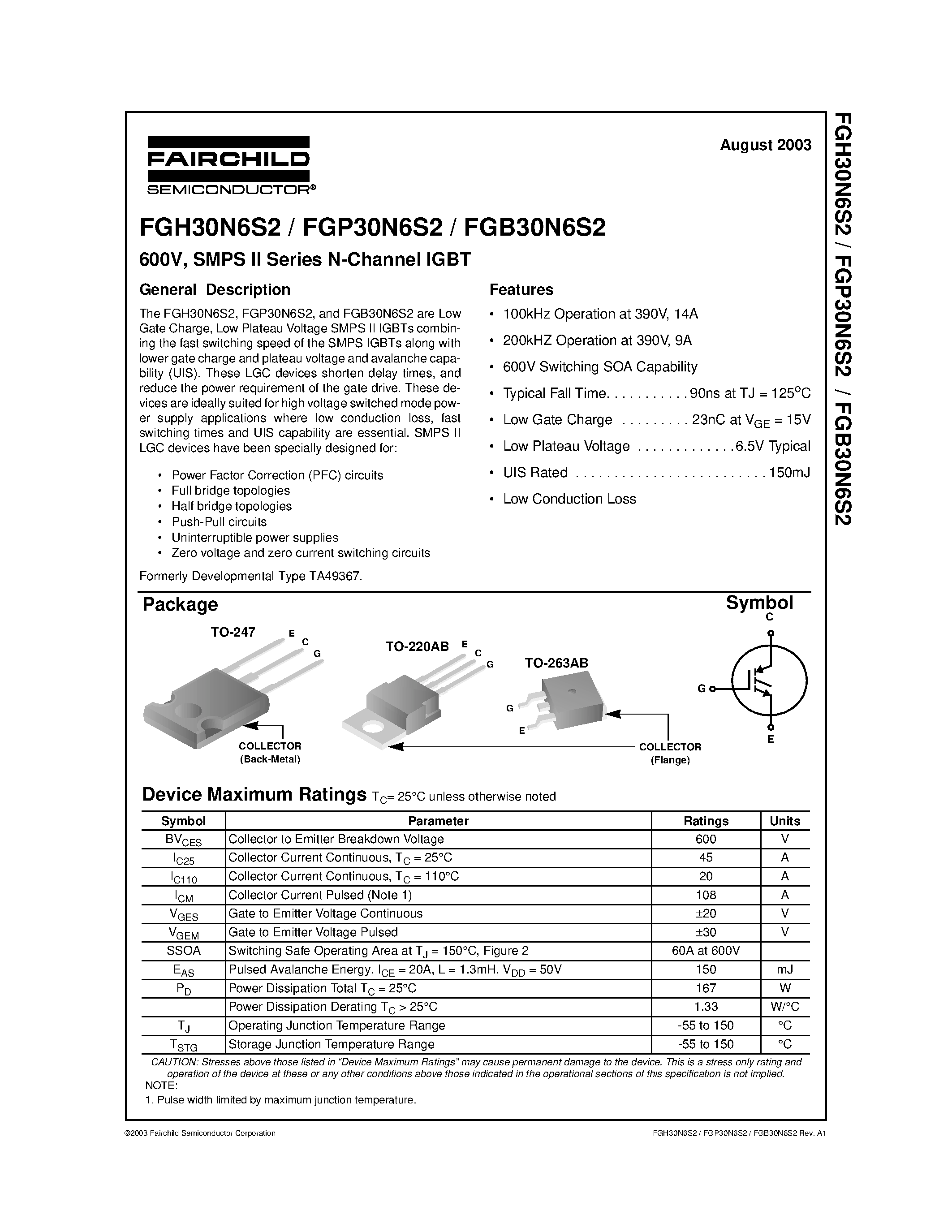 Datasheet FGP30N6S2 page 1 Datasheet FGP30N6S2 - 600V/ SMPS II Series N-Channel IGBT page 1