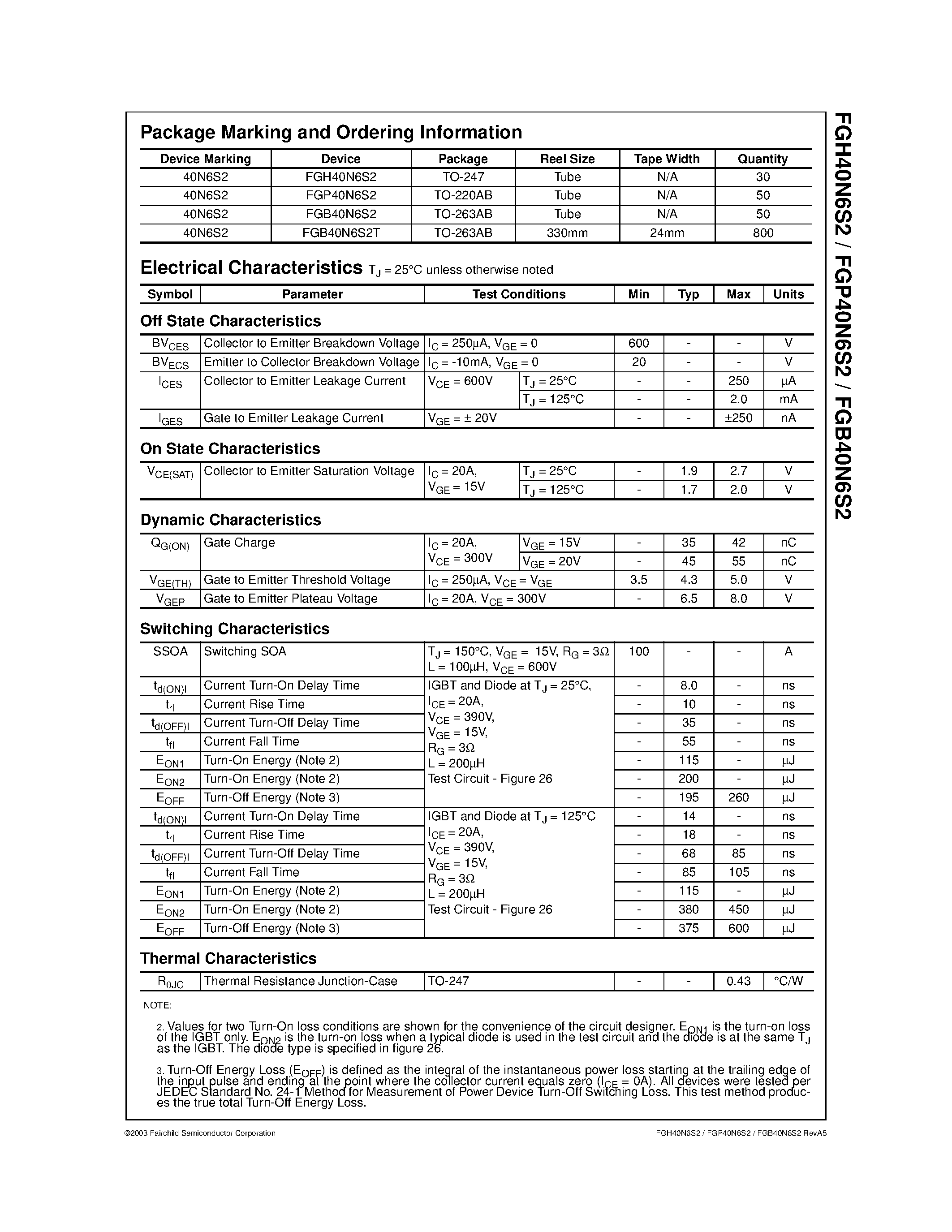 Datasheet FGP40N6S2 page 2 Datasheet FGP40N6S2 - 600V/ SMPS II Series N-Channel IGBT page 2