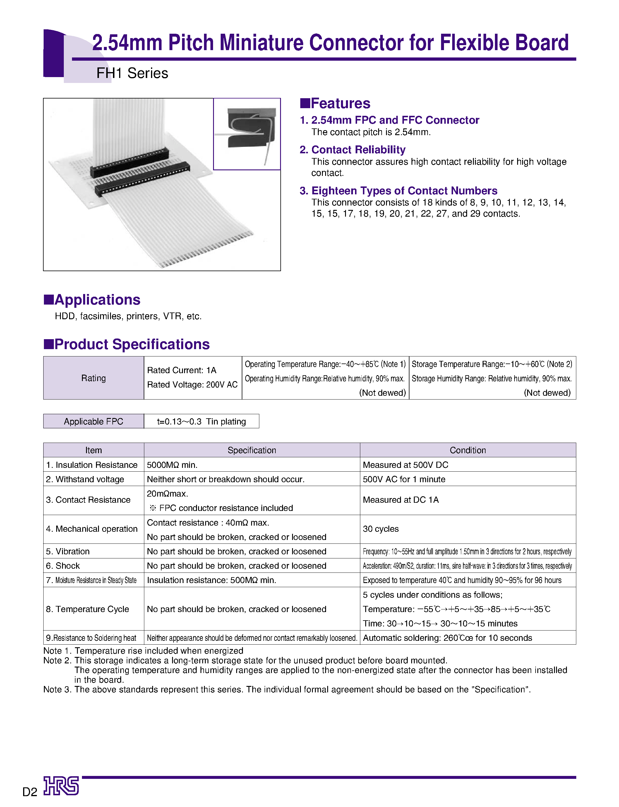 Datasheet FH1-09S-2.54DS page 1 Datasheet FH1-09S-2.54DS - 2.54mm Pitch Miniature Connector for Flexible Board page 1