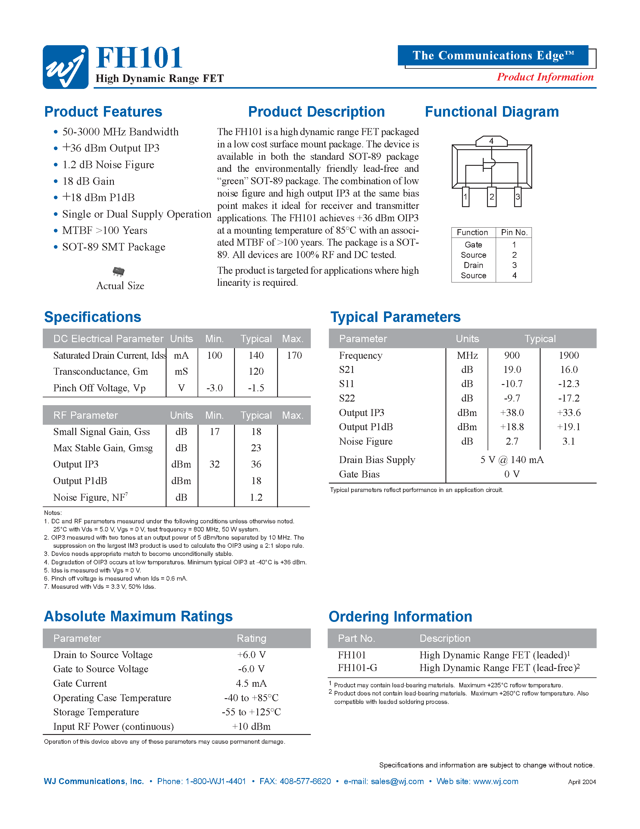 Даташит FH101-G - High Dynamic Range FET страница 1