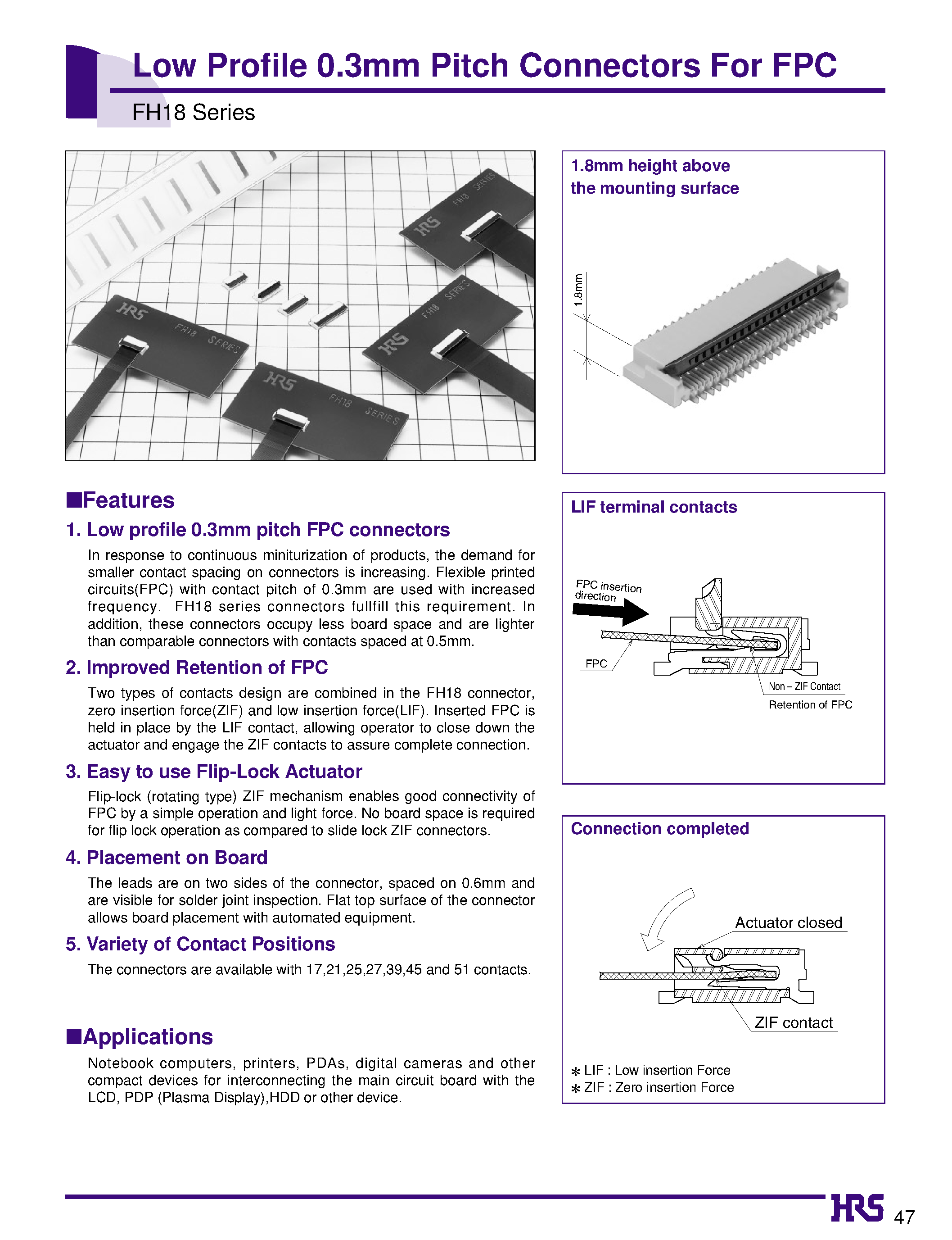 Datasheet FH18-45S-0.3SHW - Low Profile 0.3mm Pitch Connectors For FPC page 1