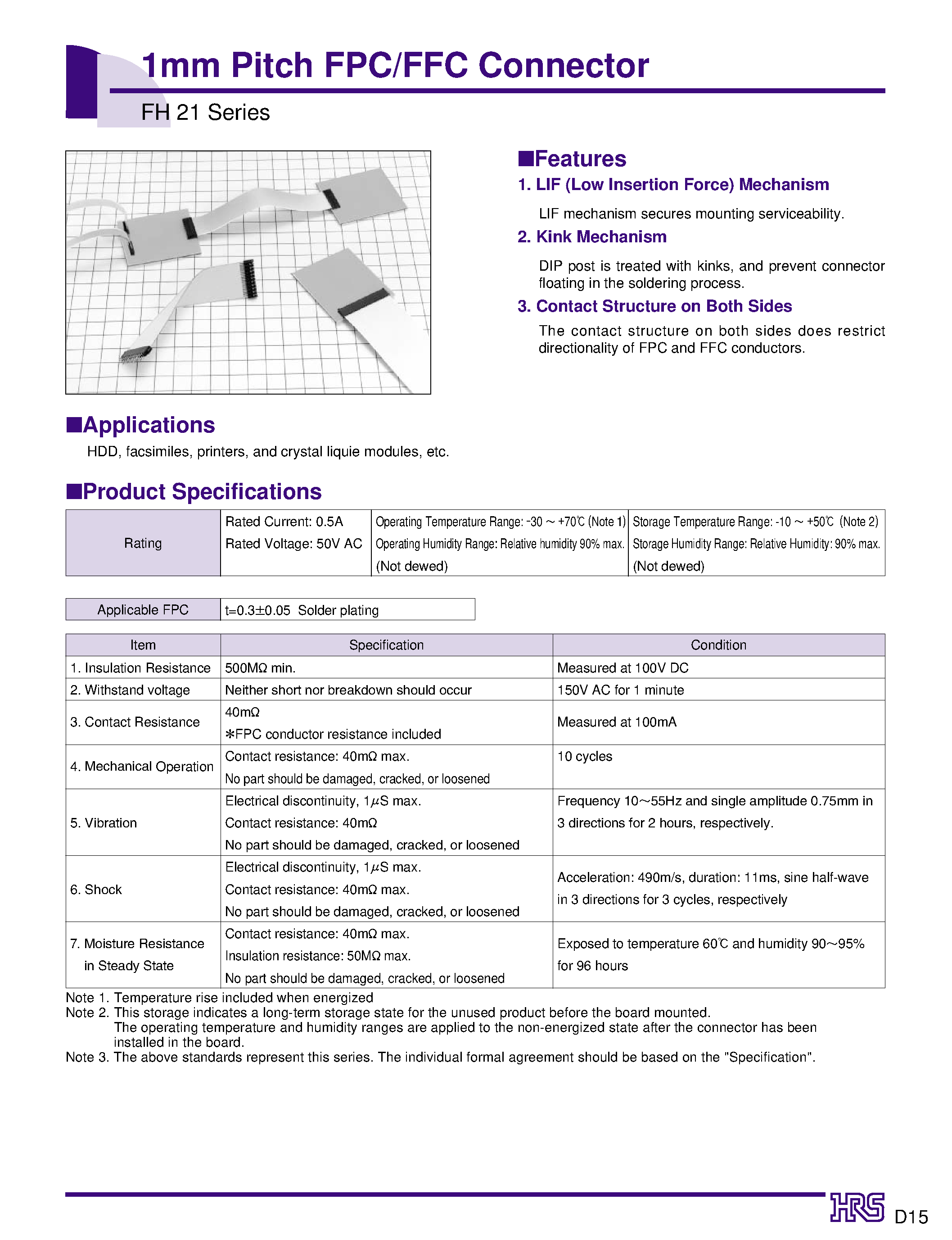 Даташит FH21-08S-1DS - 1mm Pitch FPC/FFC Connector страница 1