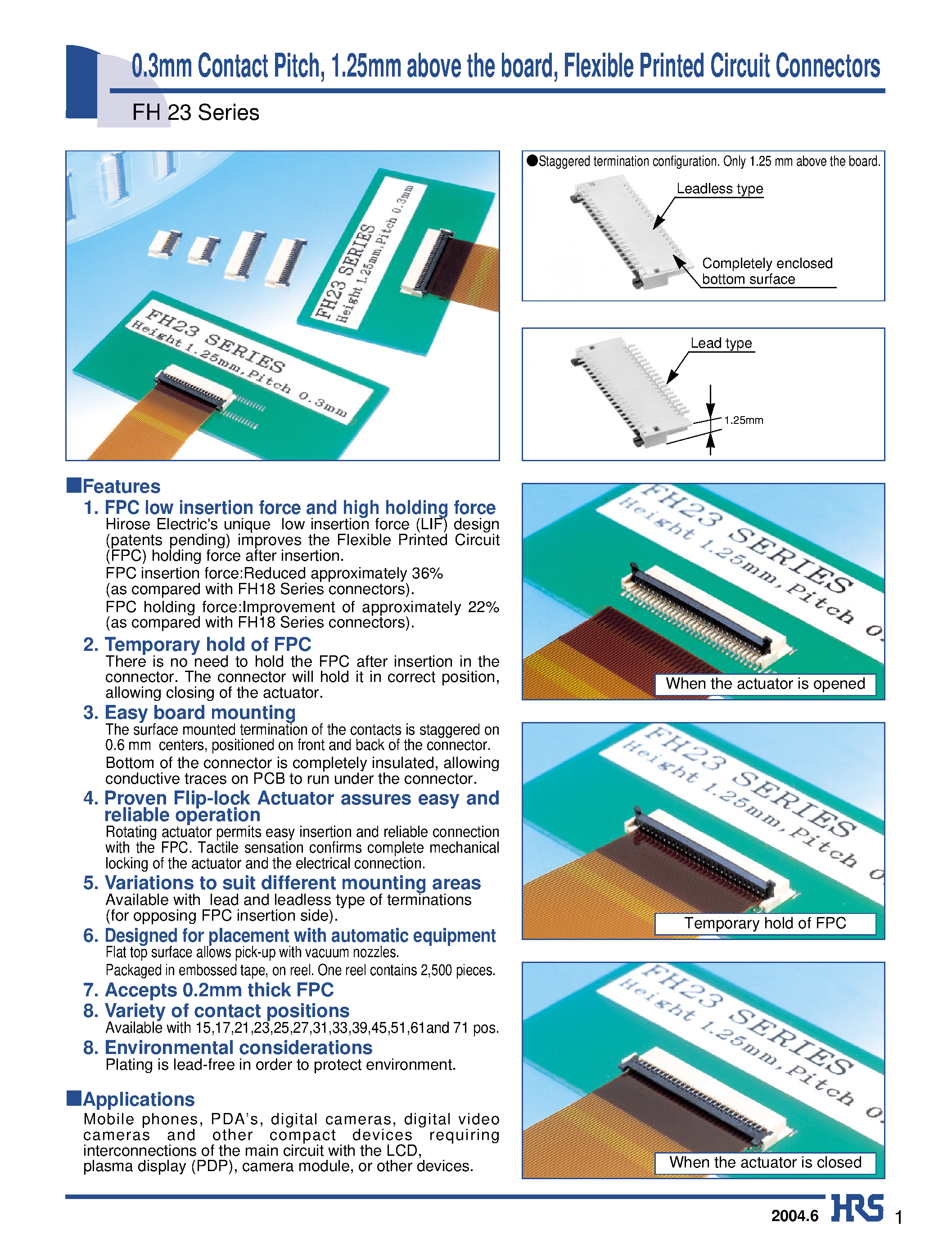 Даташит FH23-15S-0.3SHAW - 0.3mm Contact Pitch/ 1.25mm above the board/ Flexible Printed Circuit Connectors страница 1