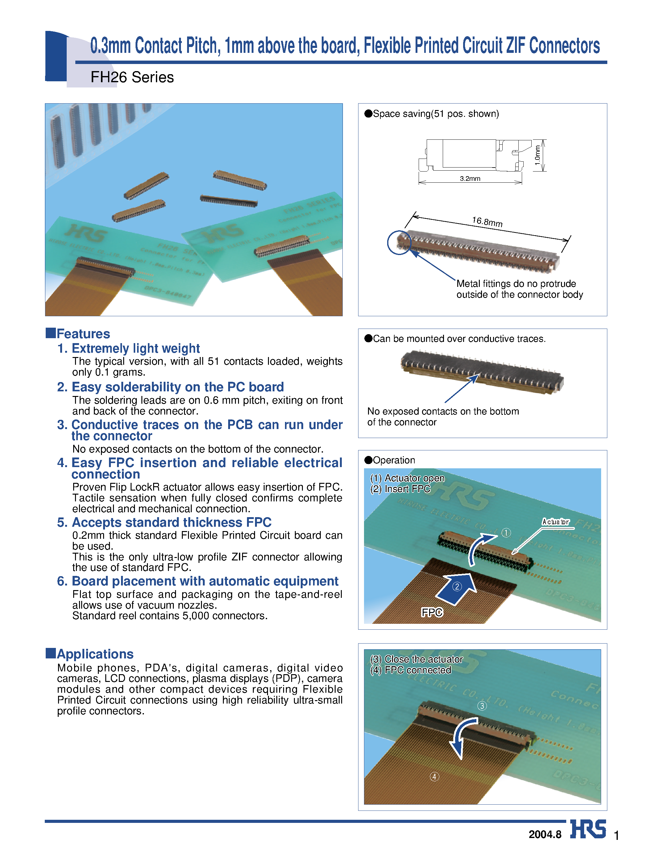 Datasheet FH26-51S-0.3SHW - 0.3mm Contact Pitch/ 1mm above the board/ Flexible Printed Circuit ZIF Connectors page 1