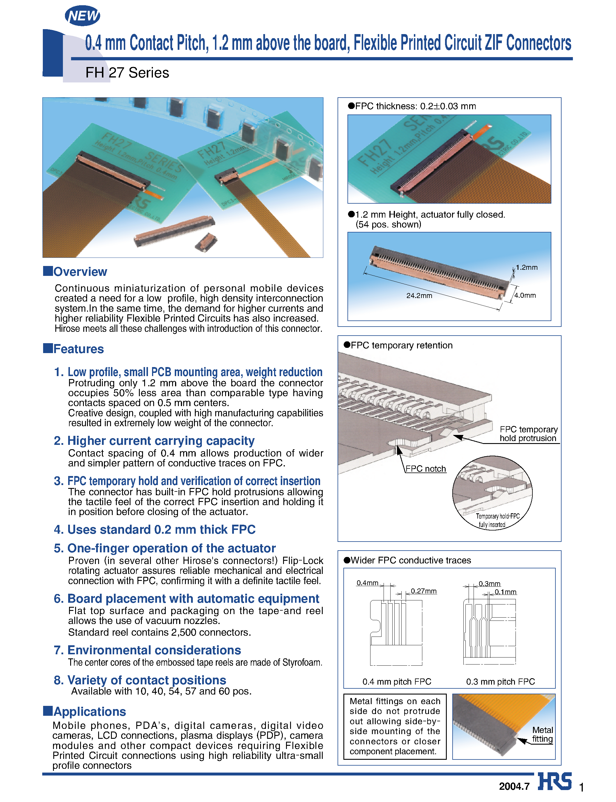 Datasheet FH27-10S-0.4SH - 0.4 mm Contact Pitch/ 1.2 mm above the board/ Flexible Printed Circuit ZIF Connectors page 1