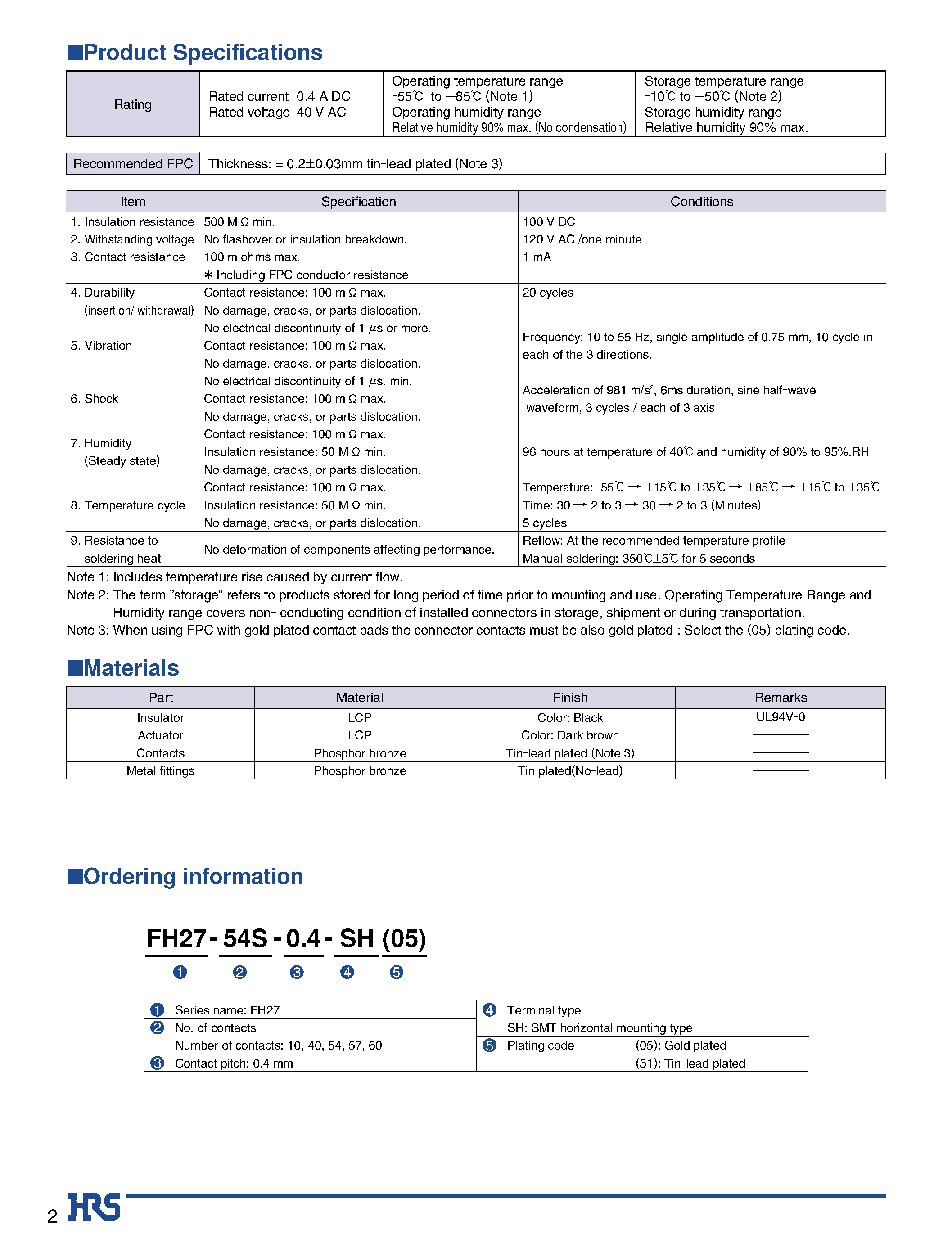 Datasheet FH27-57S-0.4SH - 0.4 mm Contact Pitch/ 1.2 mm above the board/ Flexible Printed Circuit ZIF Connectors page 2