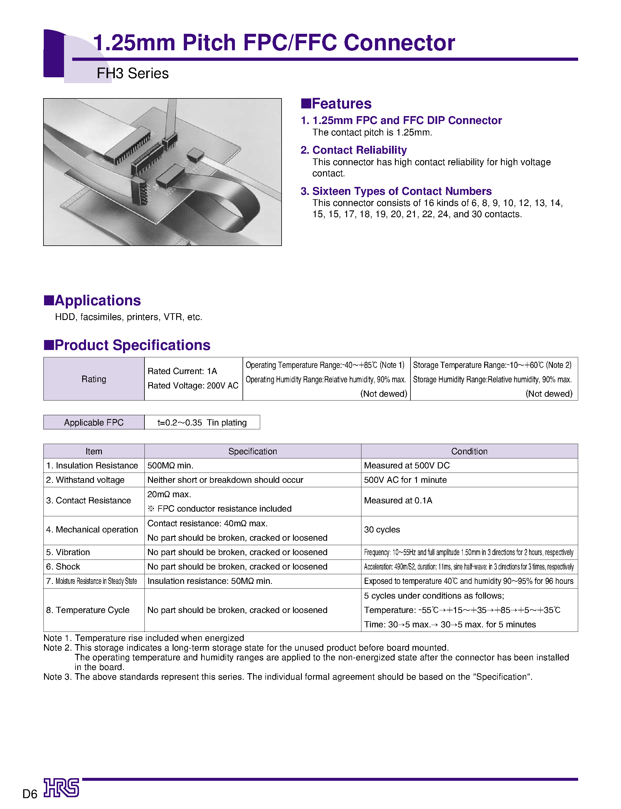 Datasheet FH3-22S-1.25DSA - 1.25mm Pitch FPC/FFC Connector page 1