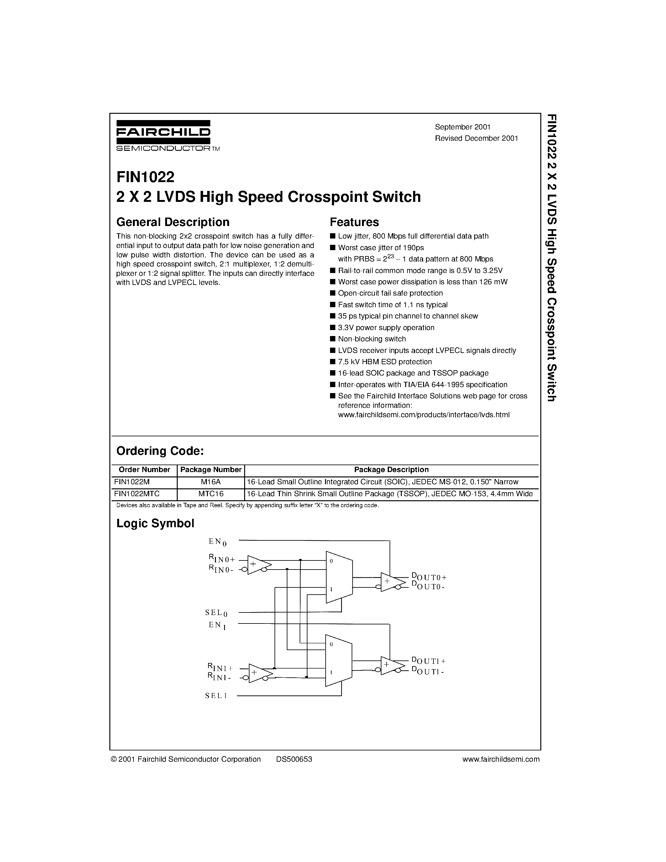 Даташит FIN1022 - 2 X 2 LVDS High Speed Crosspoint Switch страница 1