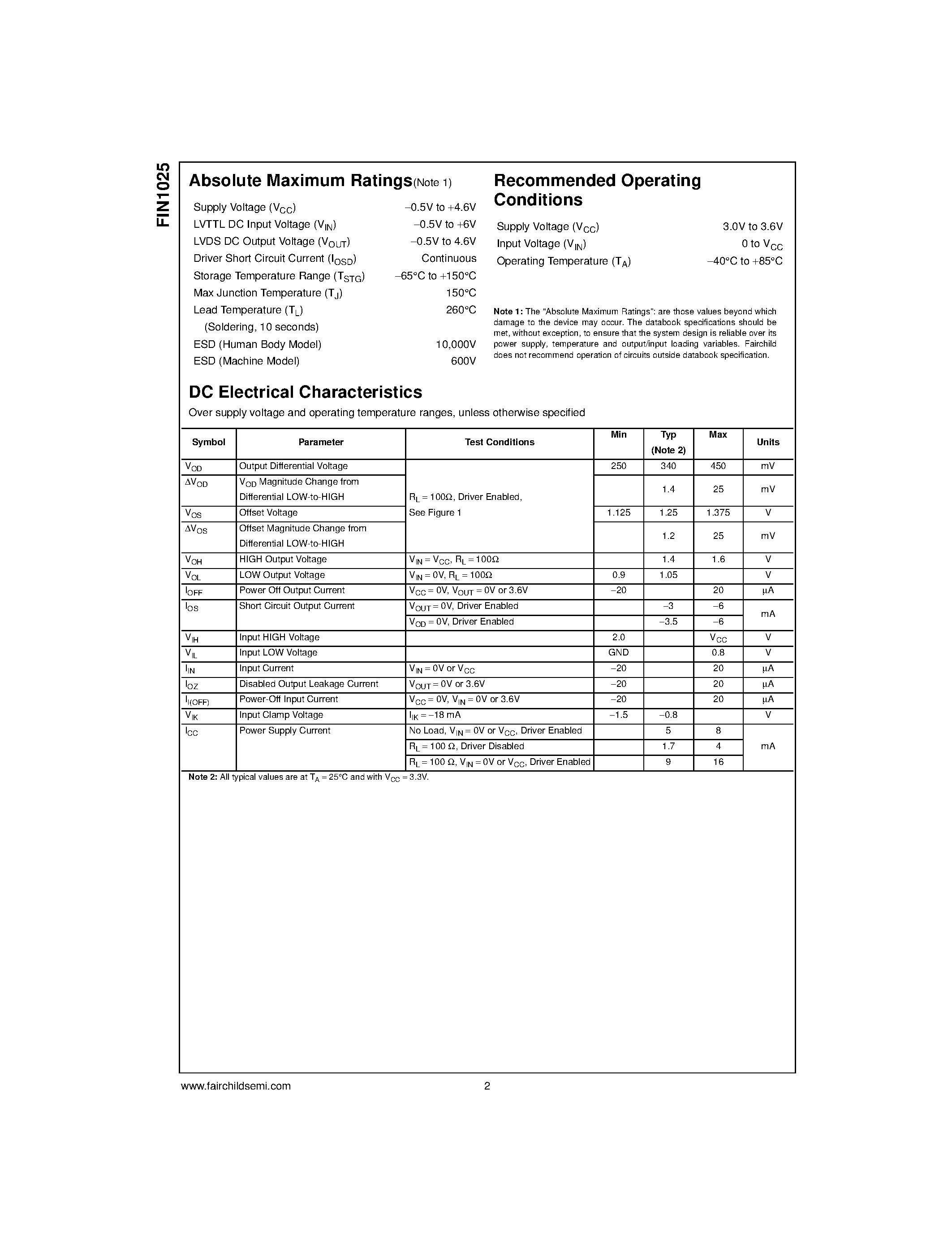 Даташит FIN1025 - 3.3V LVDS 2-Bit High Speed Differential Driver страница 2