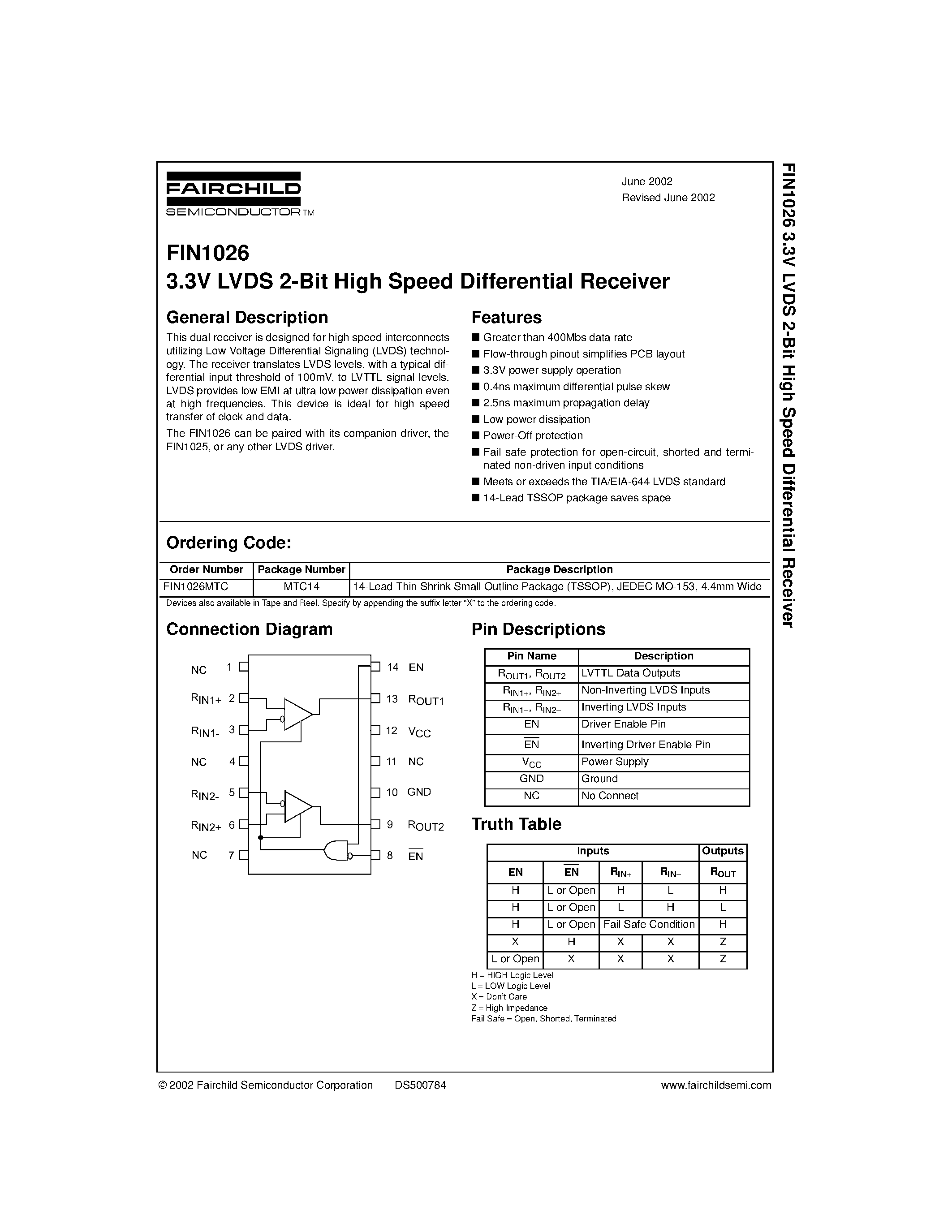 Даташит FIN1026 - 3.3V LVDS 2-Bit High Speed Differential Receiver страница 1