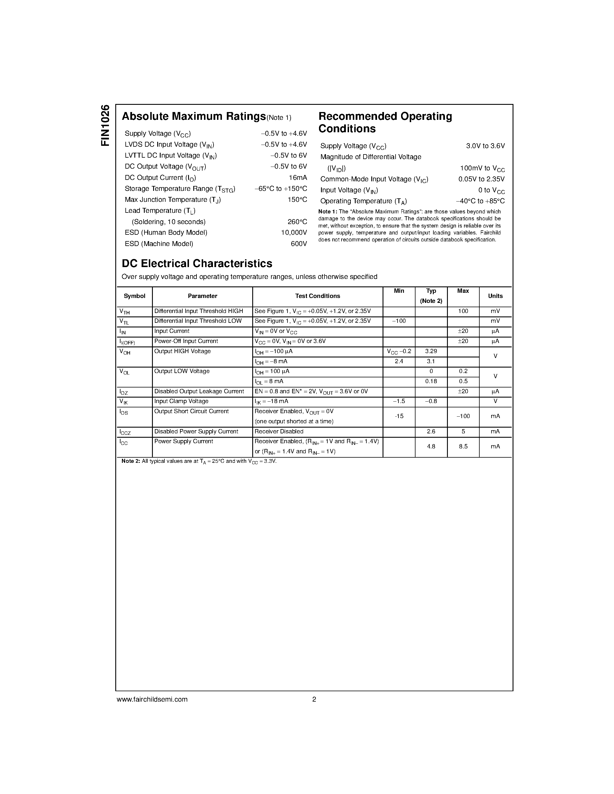 Даташит FIN1026 - 3.3V LVDS 2-Bit High Speed Differential Receiver страница 2