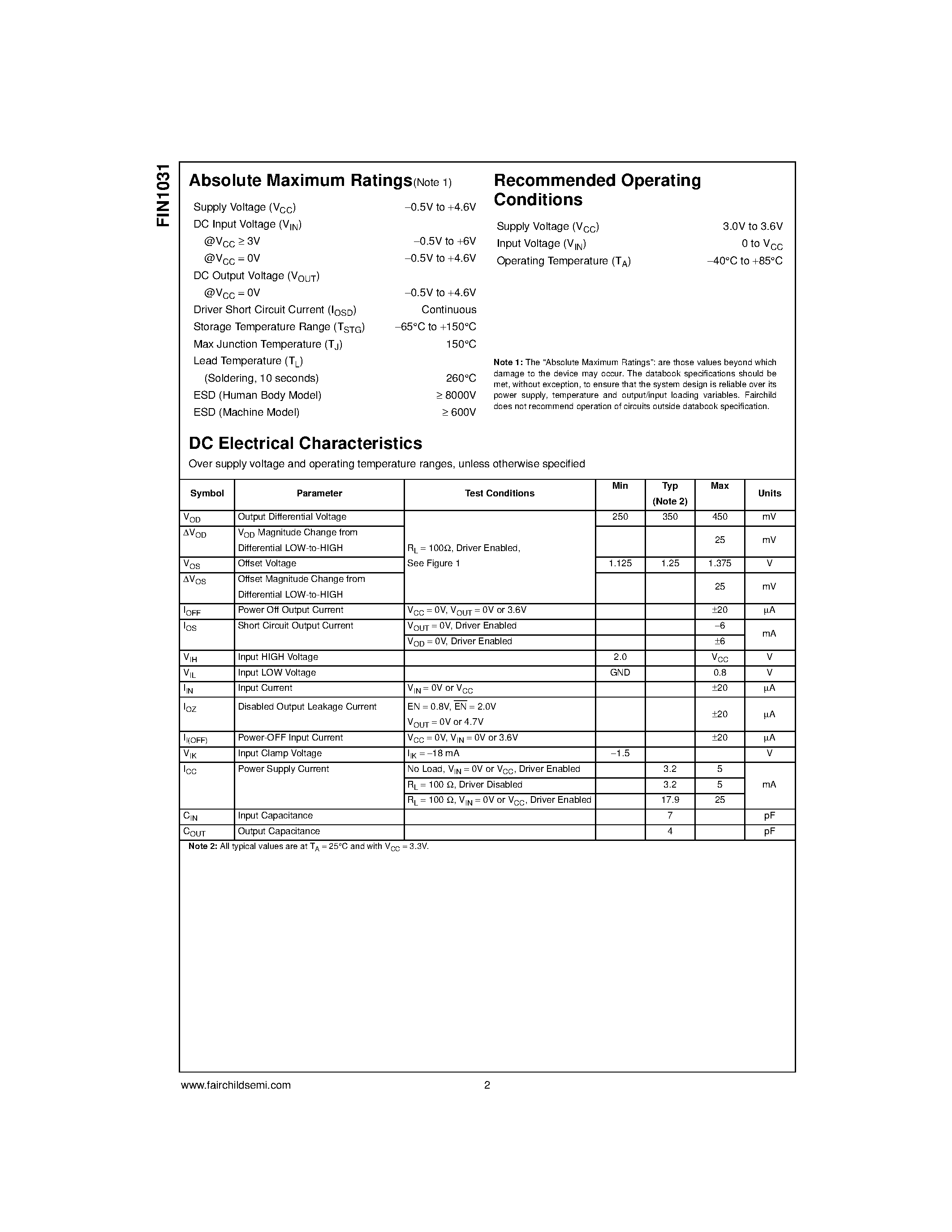 Даташит на микросхему FIN1031 страница 2 Даташит FIN1031 - 3.3V LVDS 4-Bit High Speed Differential Driver страница 2