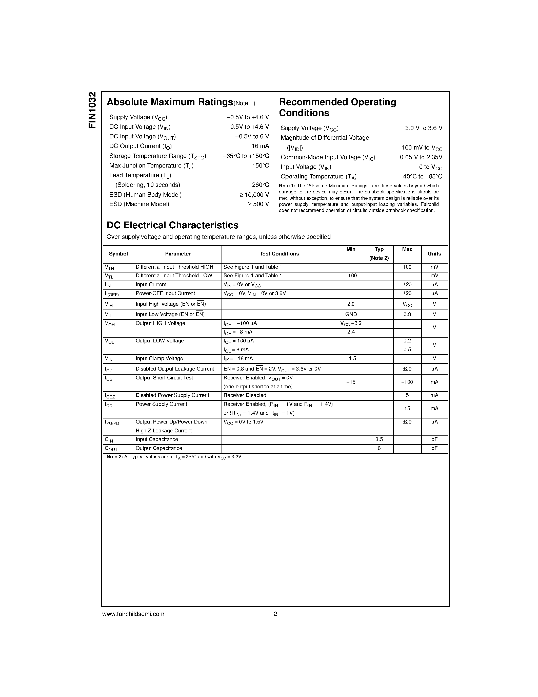 Даташит FIN1032 - 3.3V LVDS 4-Bit High Speed Differential Receiver страница 2