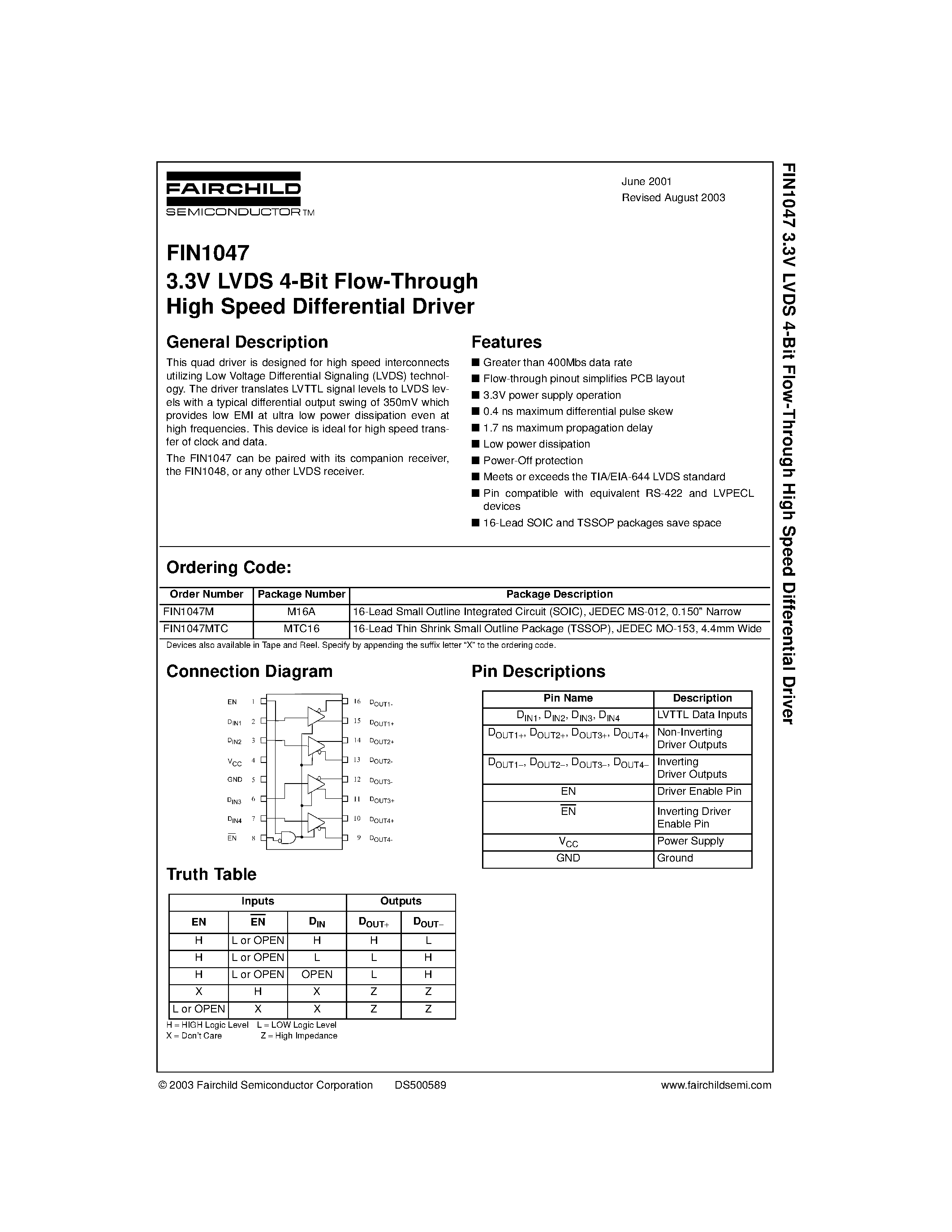 Даташит на микросхему FIN1047 страница 1 Даташит FIN1047 - 3.3V LVDS 4-Bit Flow-Through страница 1
