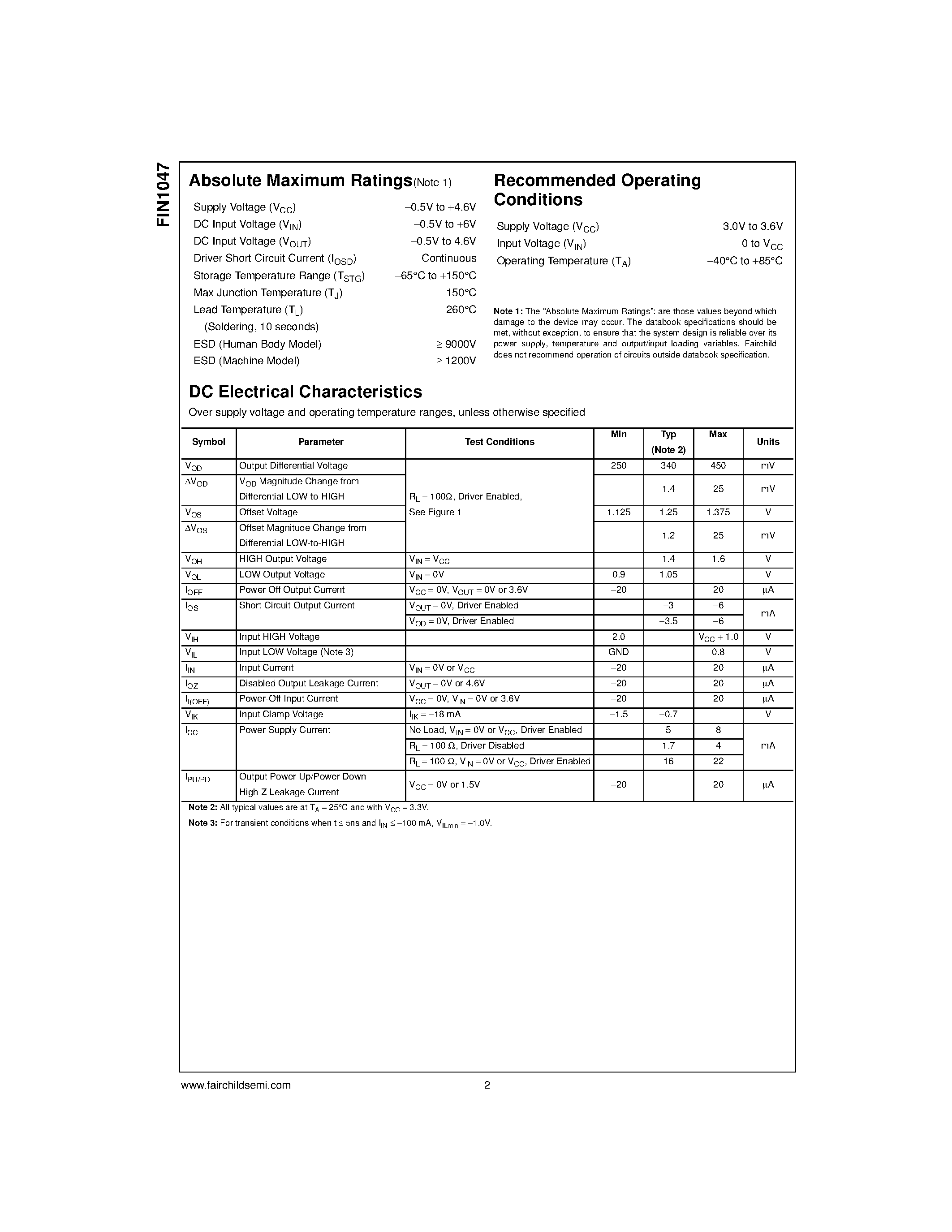 Даташит на микросхему FIN1047 страница 2 Даташит FIN1047 - 3.3V LVDS 4-Bit Flow-Through страница 2