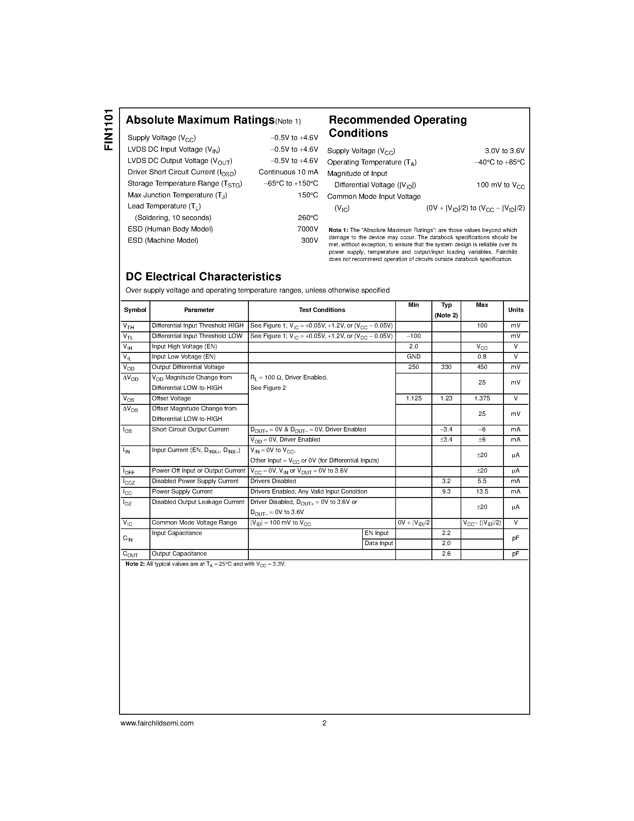 Даташит на микросхему FIN1101M страница 2 Даташит FIN1101M - LVDS Single Port High Speed Repeater страница 2